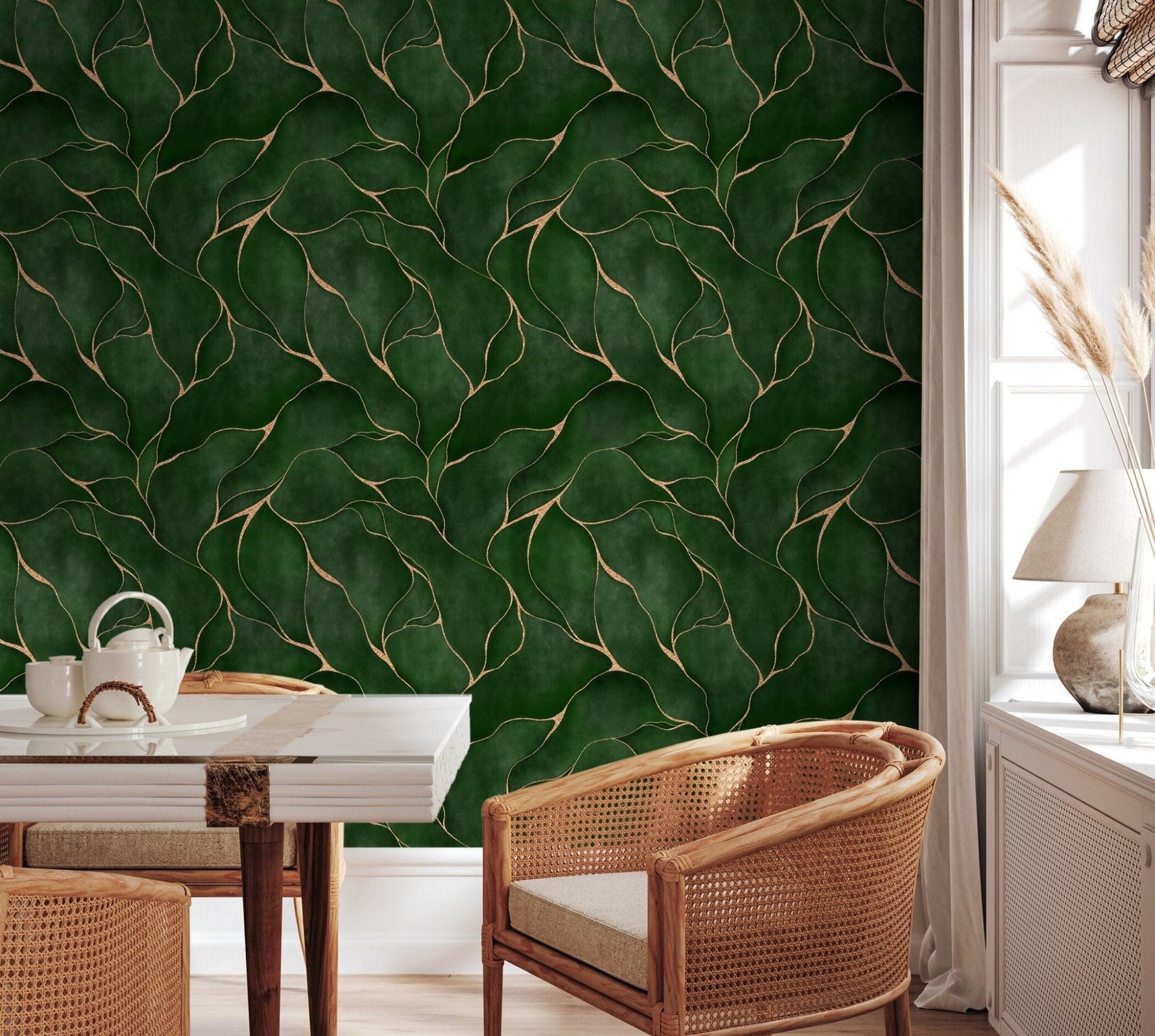 Elegant Green and Copper Veins Wallpaper - C455 - WallTrend