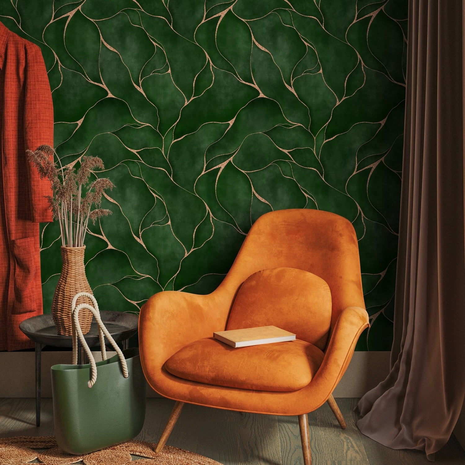 Elegant Green and Copper Veins Wallpaper - C455 - WallTrend