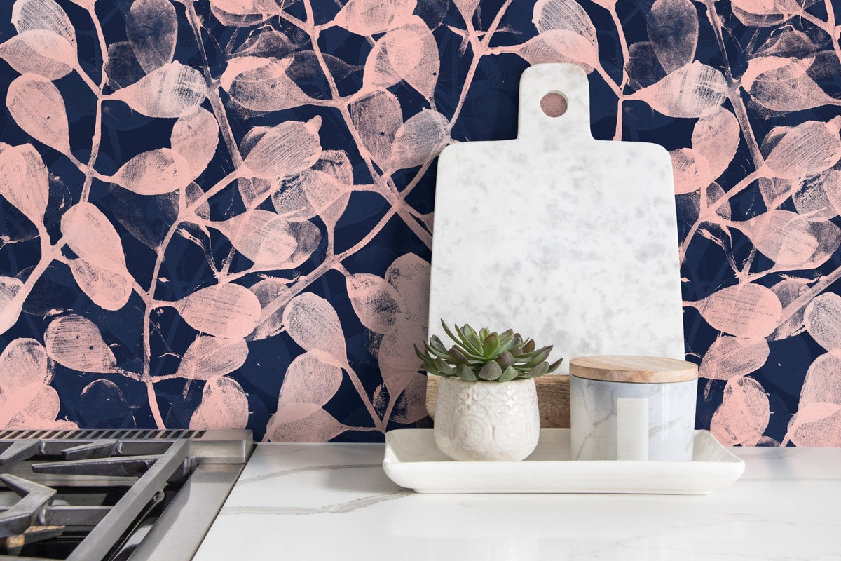 Elegant Navy Leaf Wallpaper - C873 - WallTrend