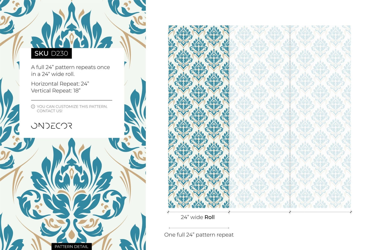 Elegant Teal Damask Wallpaper - D230 - WallTrend