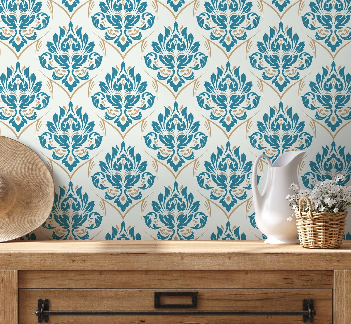 Elegant Teal Damask Wallpaper - D230 - WallTrend