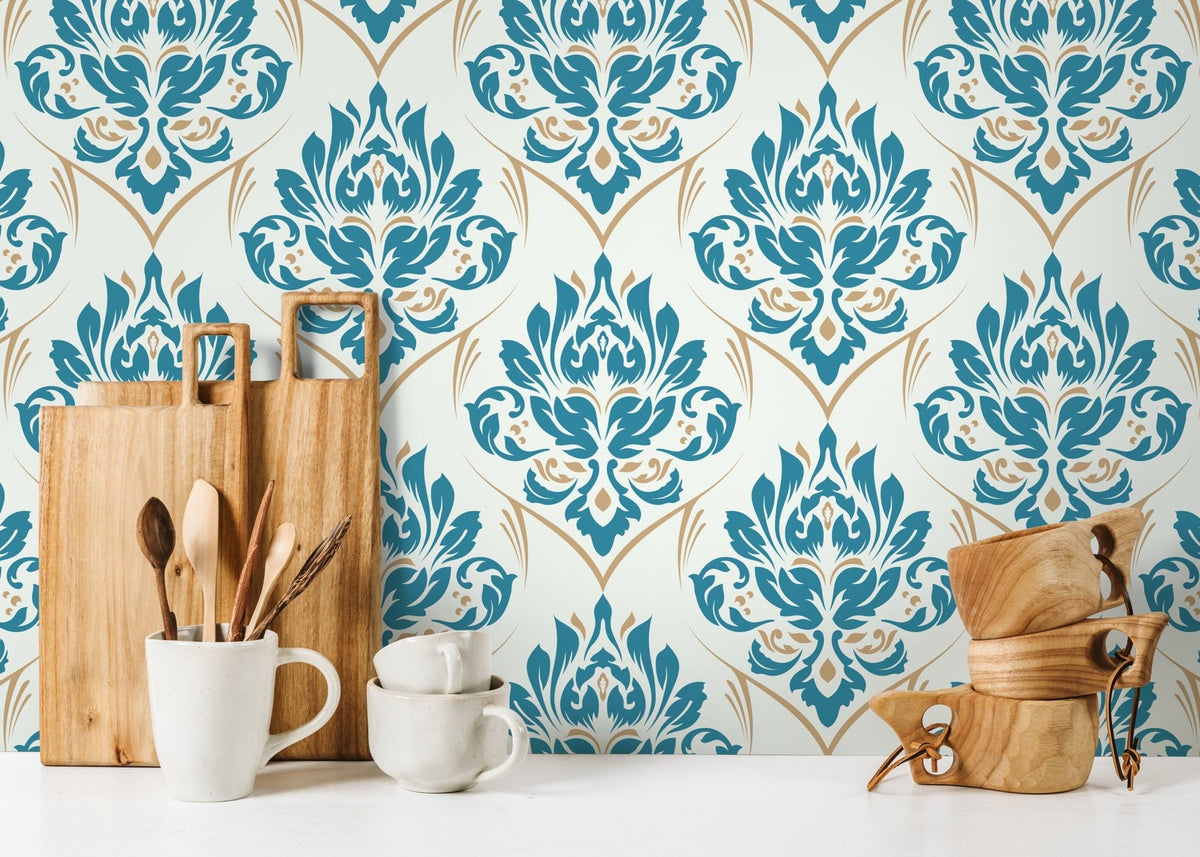 Elegant Teal Damask Wallpaper - D230 - WallTrend