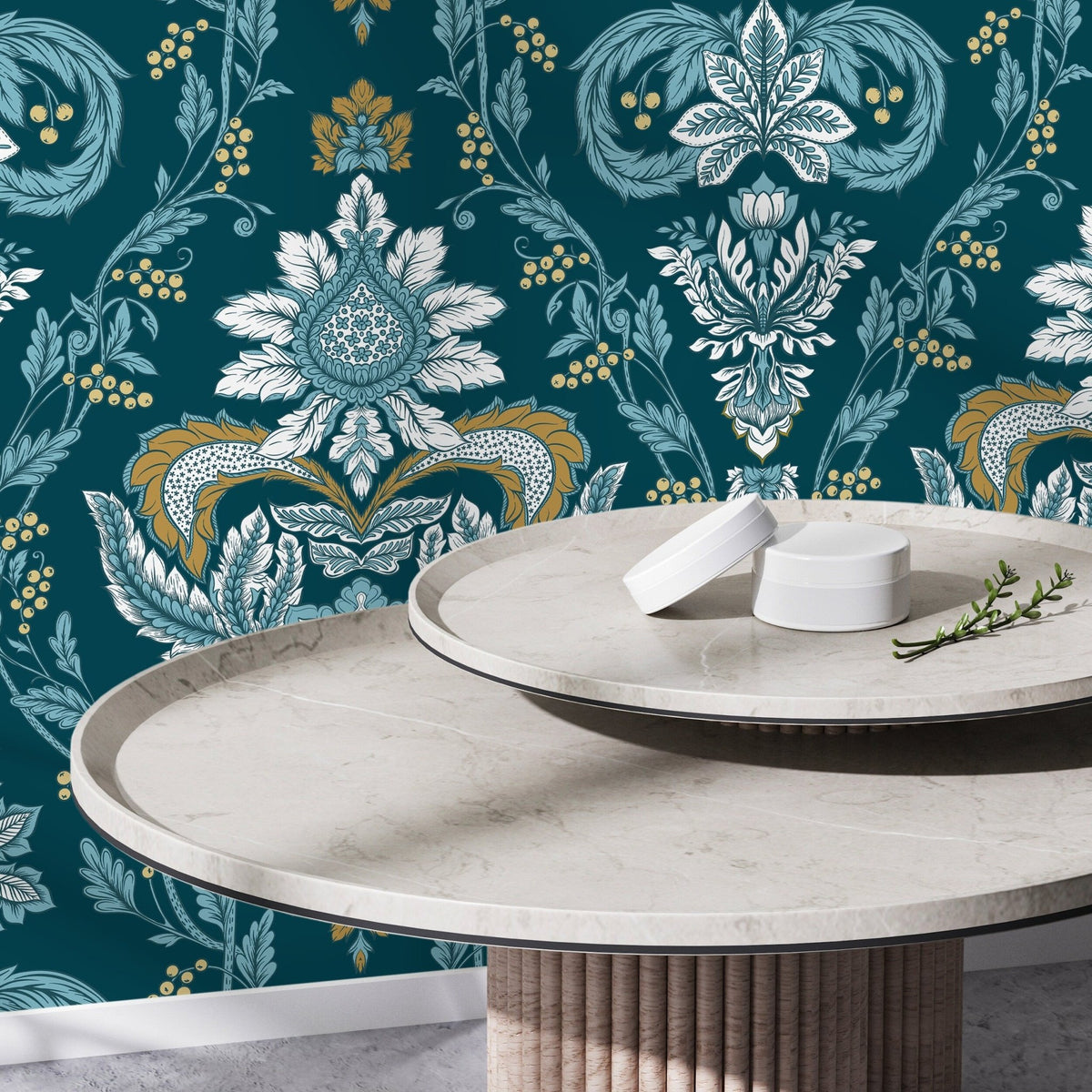 Elegant Teal Florals Wallpaper - D222 - WallTrend
