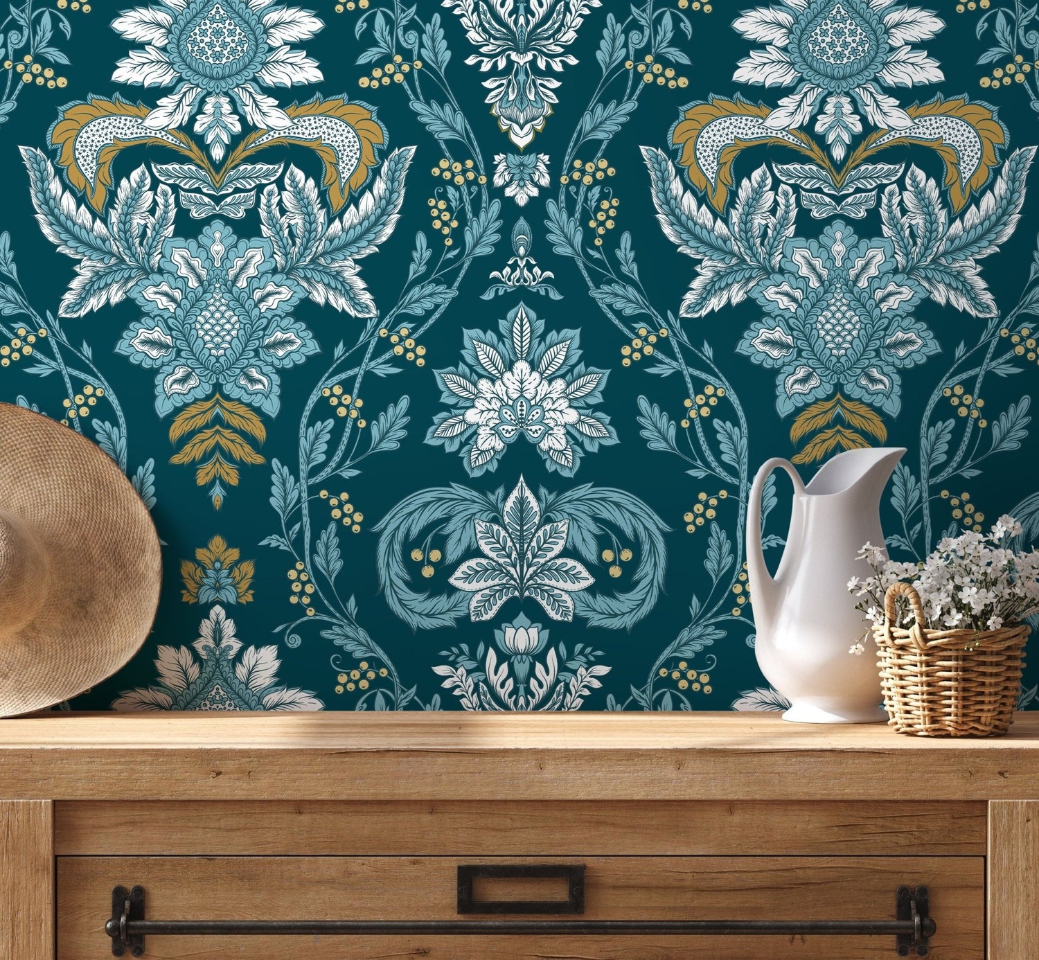 Elegant Teal Florals Wallpaper - D222 - WallTrend