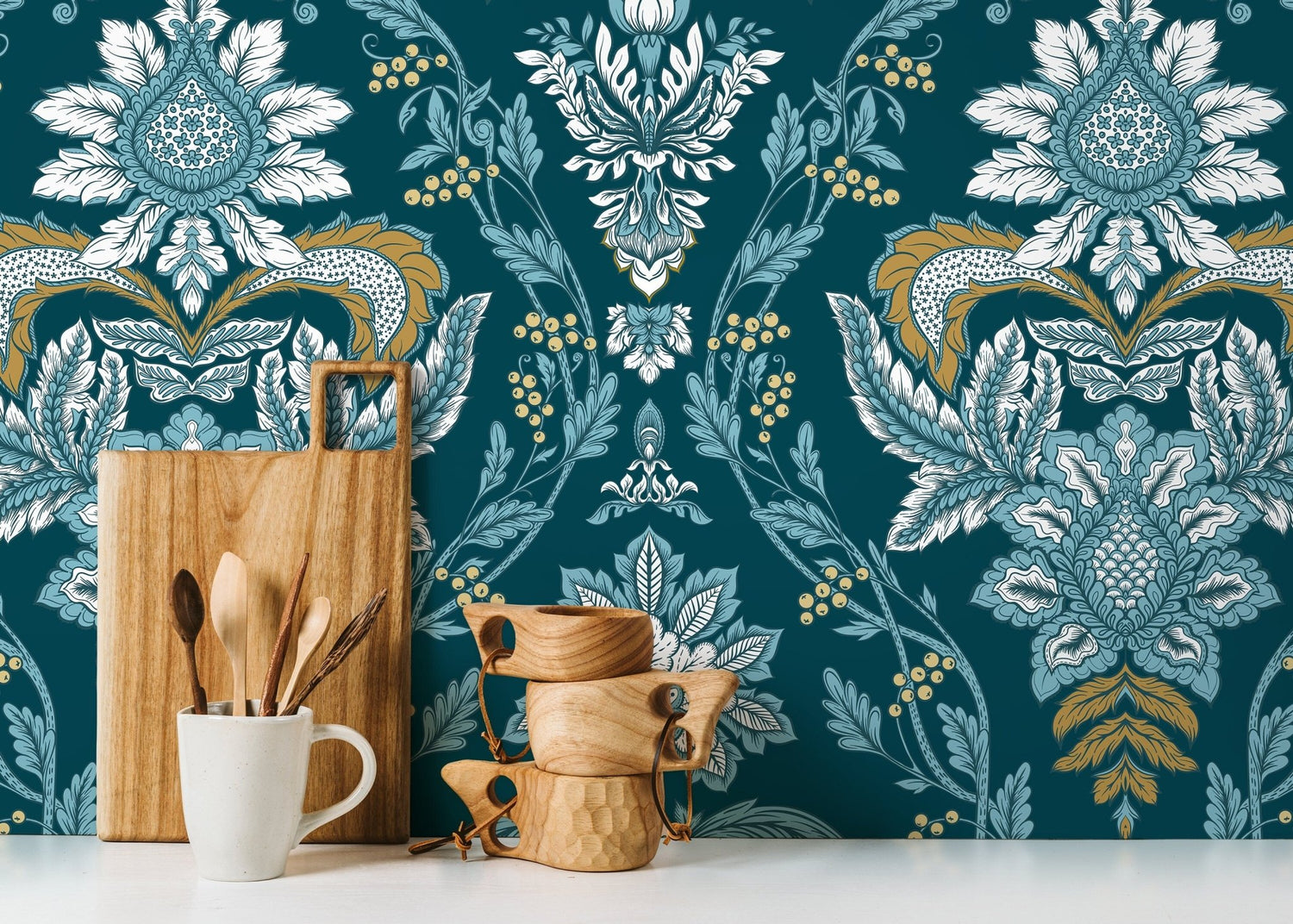 Elegant Teal Florals Wallpaper - D222 - WallTrend