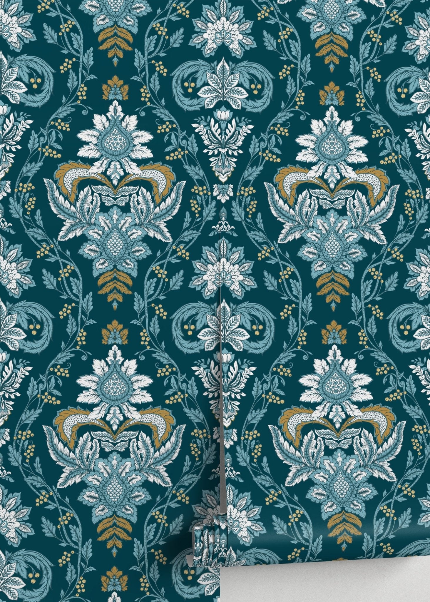 Elegant Teal Florals Wallpaper - D222 - WallTrend