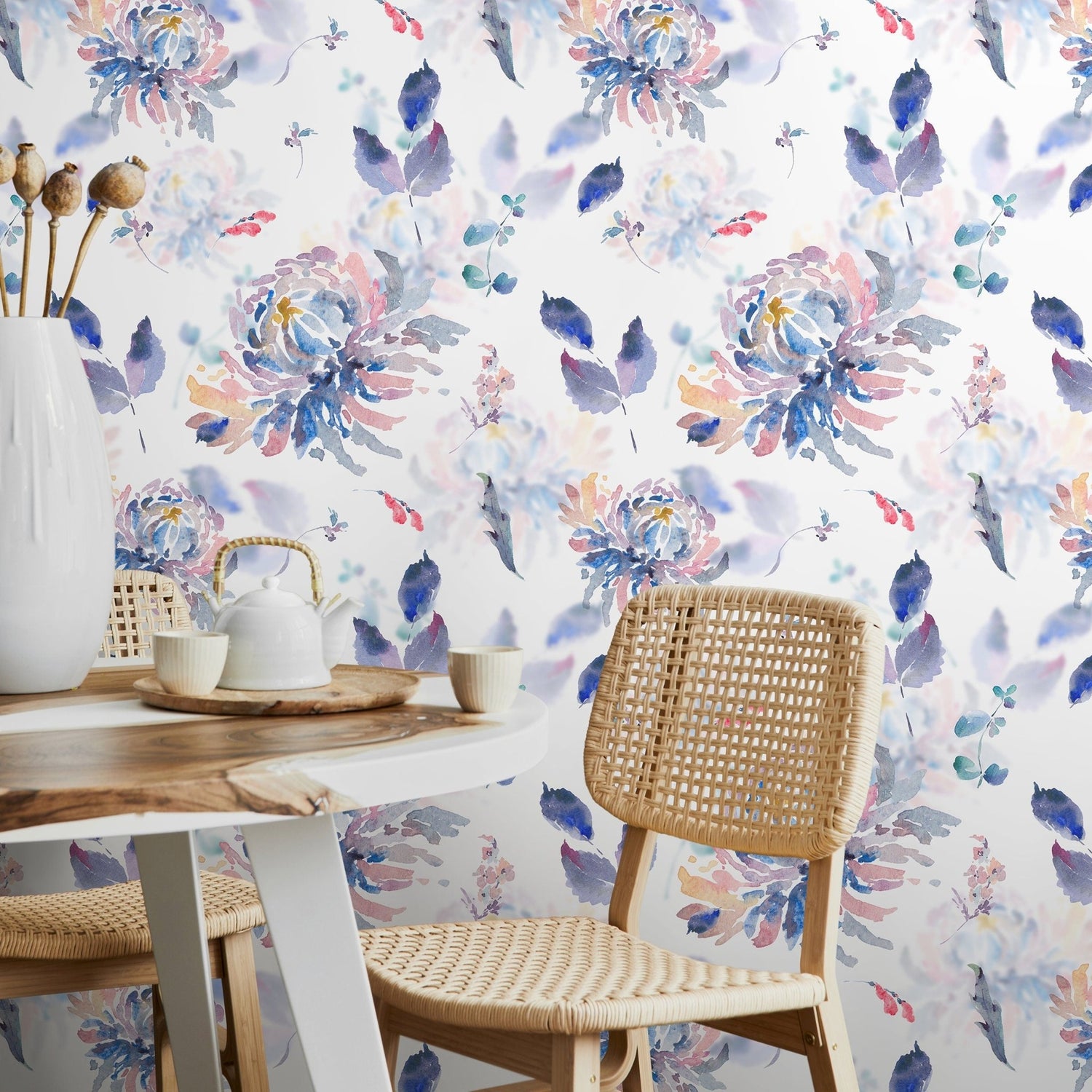 Elegant Watercolor Floral Wallpaper - Botanical Art, Vintage Flowers, Pastel Blooms, Abstract Design - A667 - WallTrend