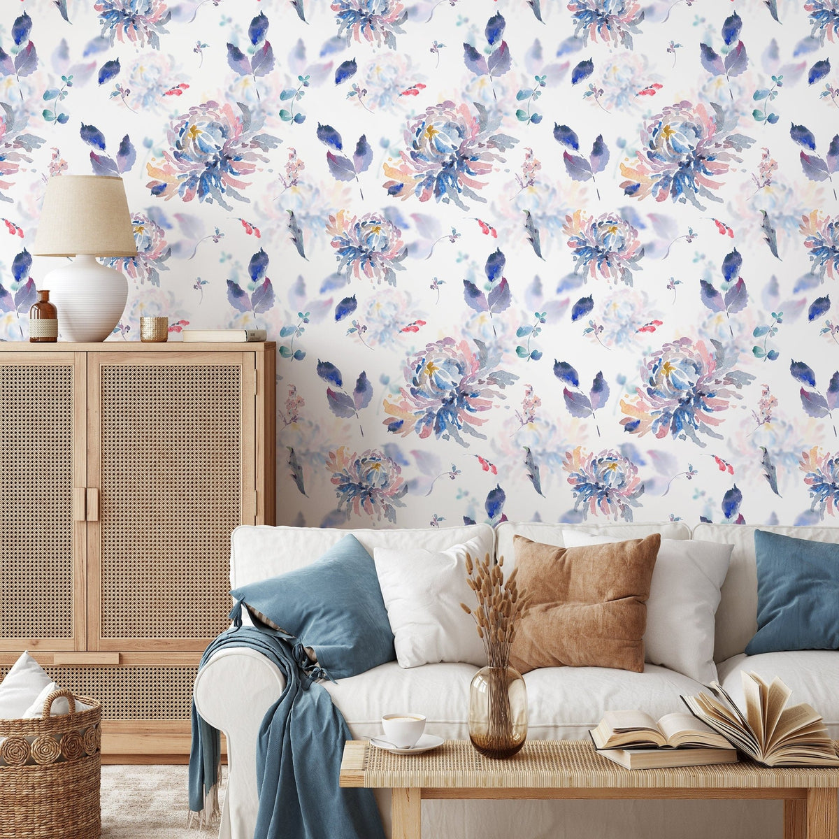Elegant Watercolor Floral Wallpaper - Botanical Art, Vintage Flowers, Pastel Blooms, Abstract Design - A667 - WallTrend