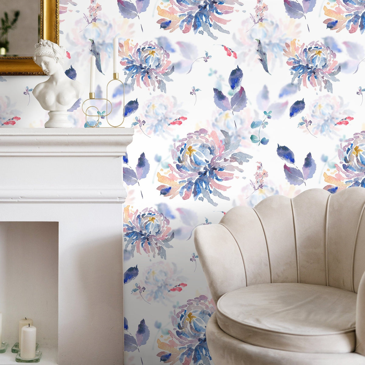 Elegant Watercolor Floral Wallpaper - Botanical Art, Vintage Flowers, Pastel Blooms, Abstract Design - A667 - WallTrend