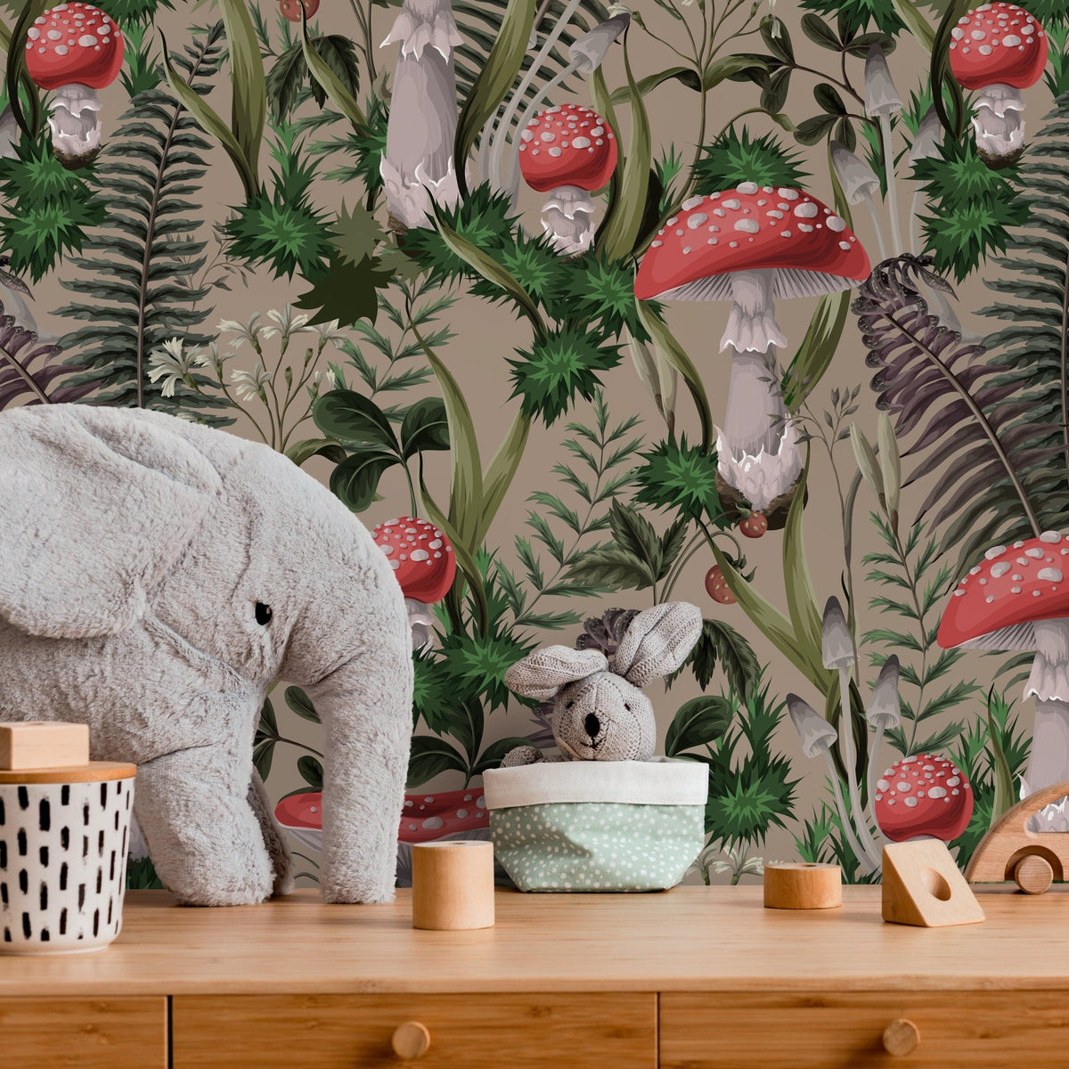 Fern and Mushroom Wallpaper Botanical Wallpaper Peel and Stick and Traditional Wallpaper - D920 - WallTrend