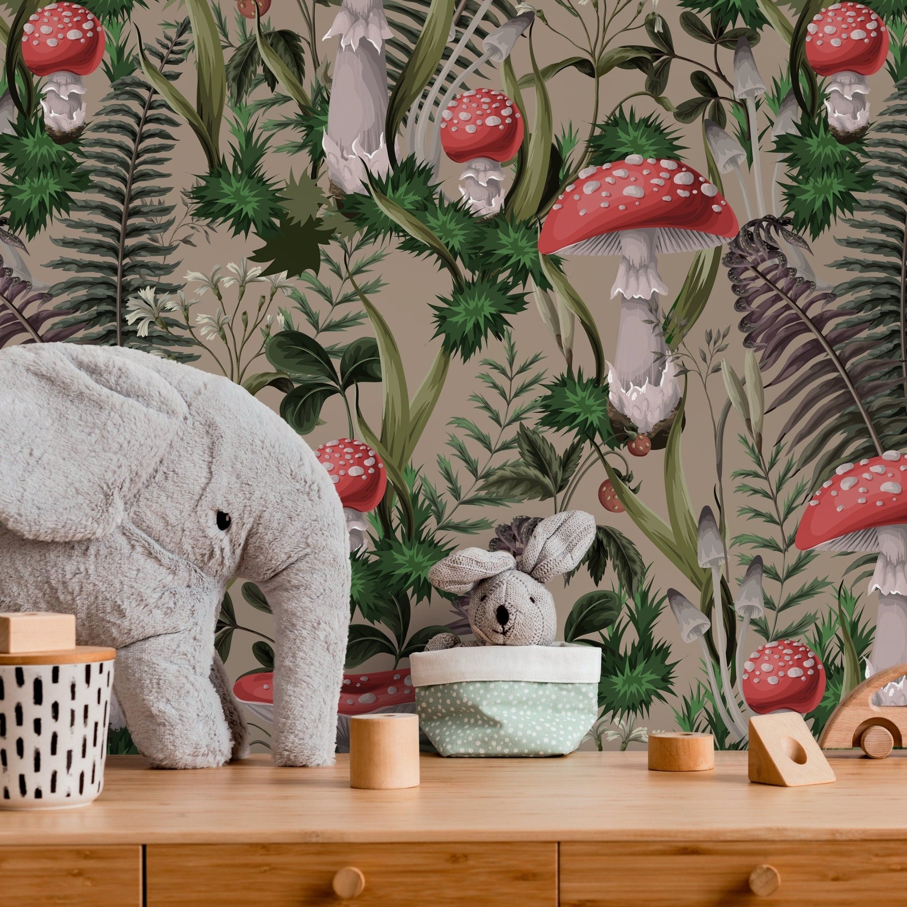 Fern and Mushroom Wallpaper Botanical Wallpaper Peel and Stick and Traditional Wallpaper - D920 - WallTrend