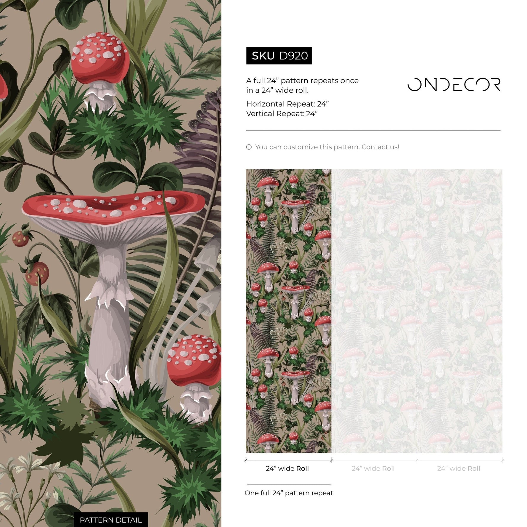Fern and Mushroom Wallpaper Botanical Wallpaper Peel and Stick and Traditional Wallpaper - D920 - WallTrend