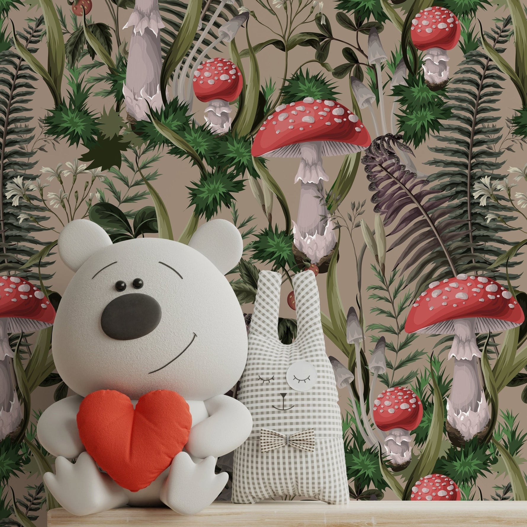 Fern and Mushroom Wallpaper Botanical Wallpaper Peel and Stick and Traditional Wallpaper - D920 - WallTrend