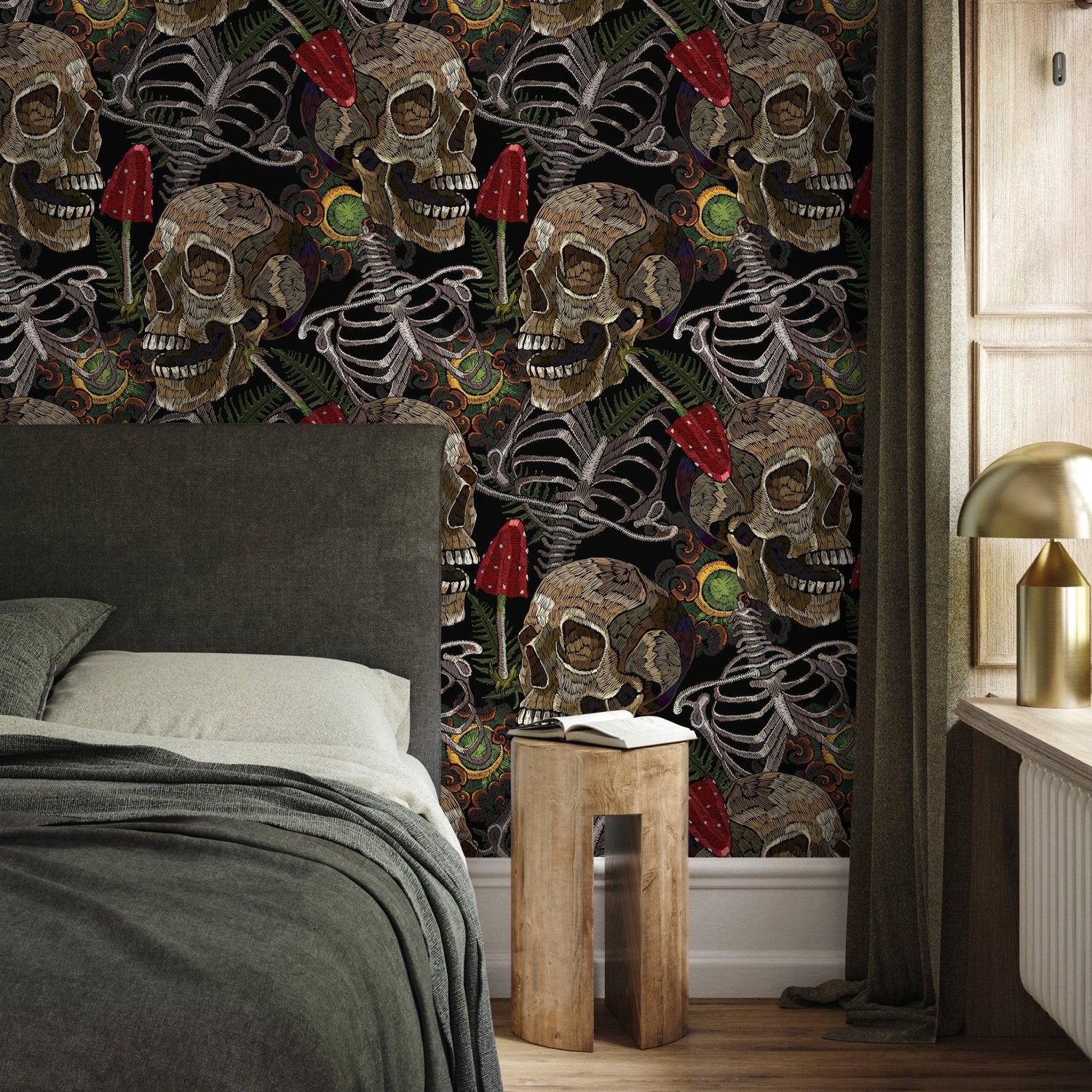 Fern and Skull Wallpaper Peel and Stick and Traditional Wallpaper - D917 - WallTrend