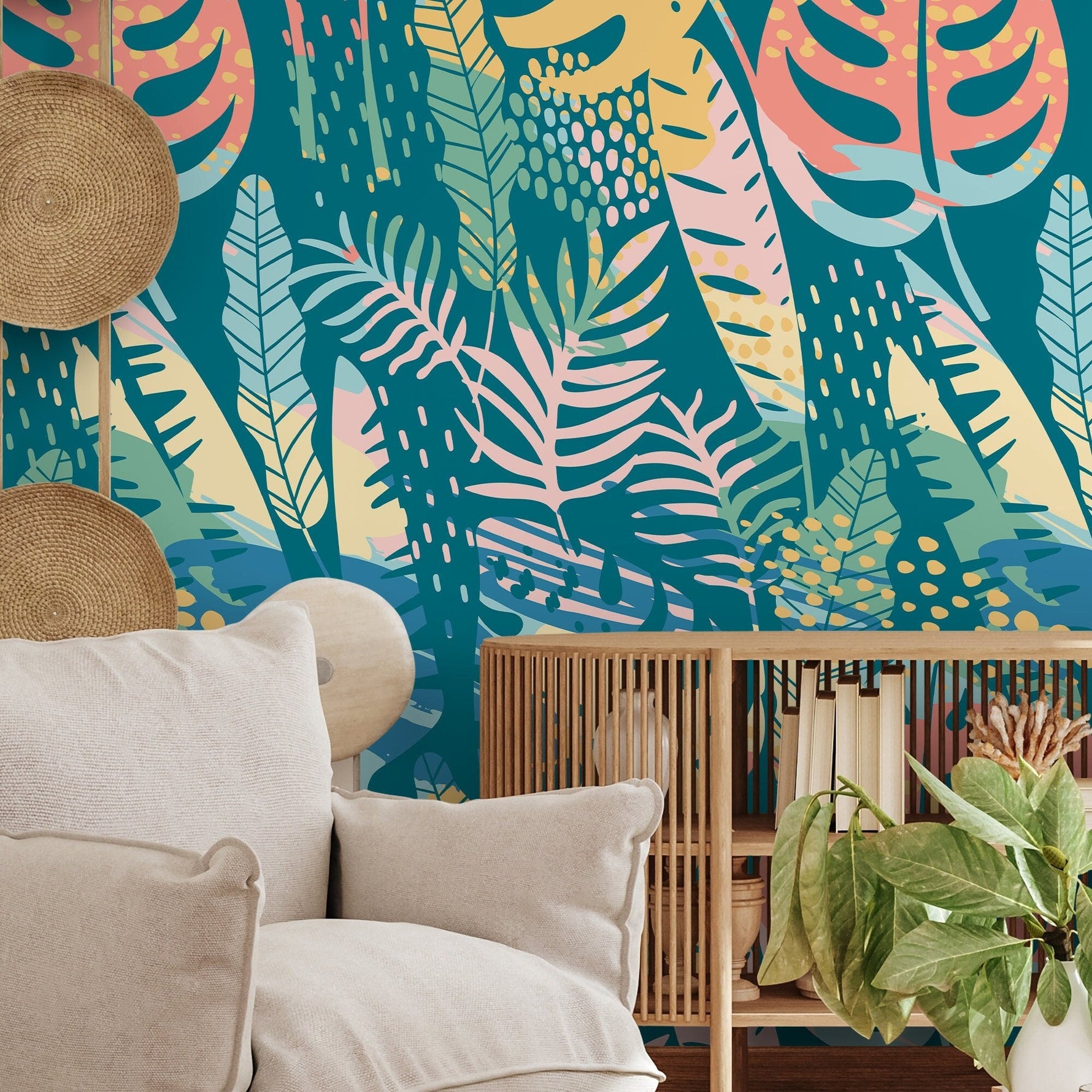 Flat Colorful Leaves Wallpaper - Removable Wallpaper Peel and Stick Wallpaper Wall Paper Wall Mural - A787 - WallTrend