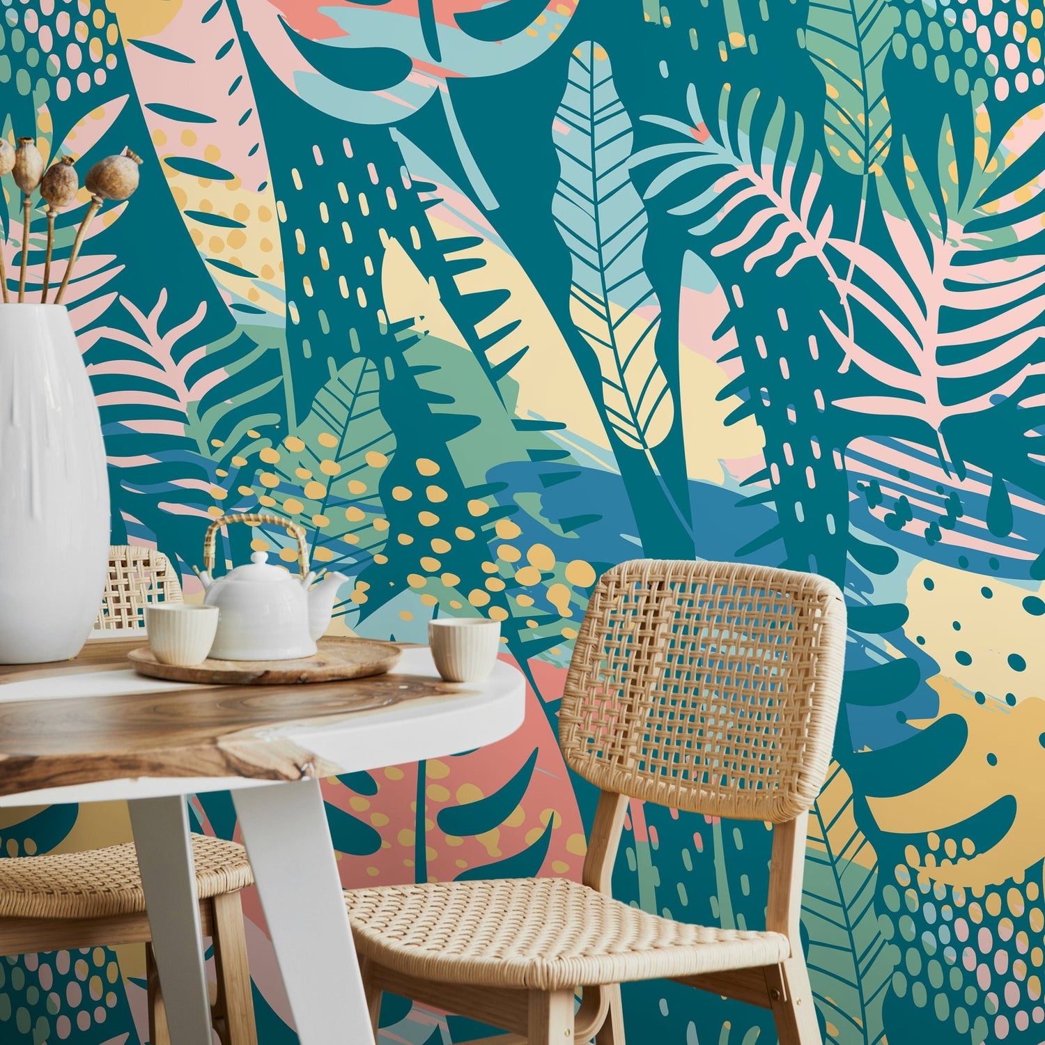 Flat Colorful Leaves Wallpaper - Removable Wallpaper Peel and Stick Wallpaper Wall Paper Wall Mural - A787 - WallTrend