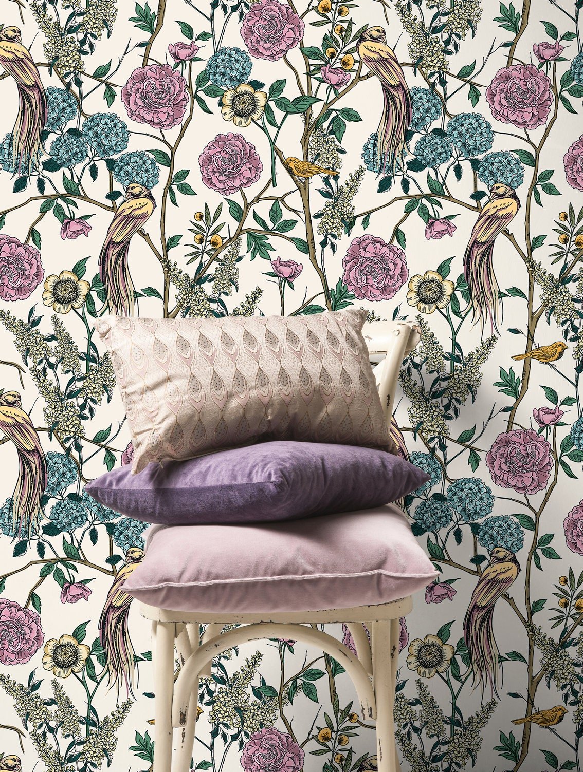 Floral and Avian Elegance Wallpaper - C584 - WallTrend