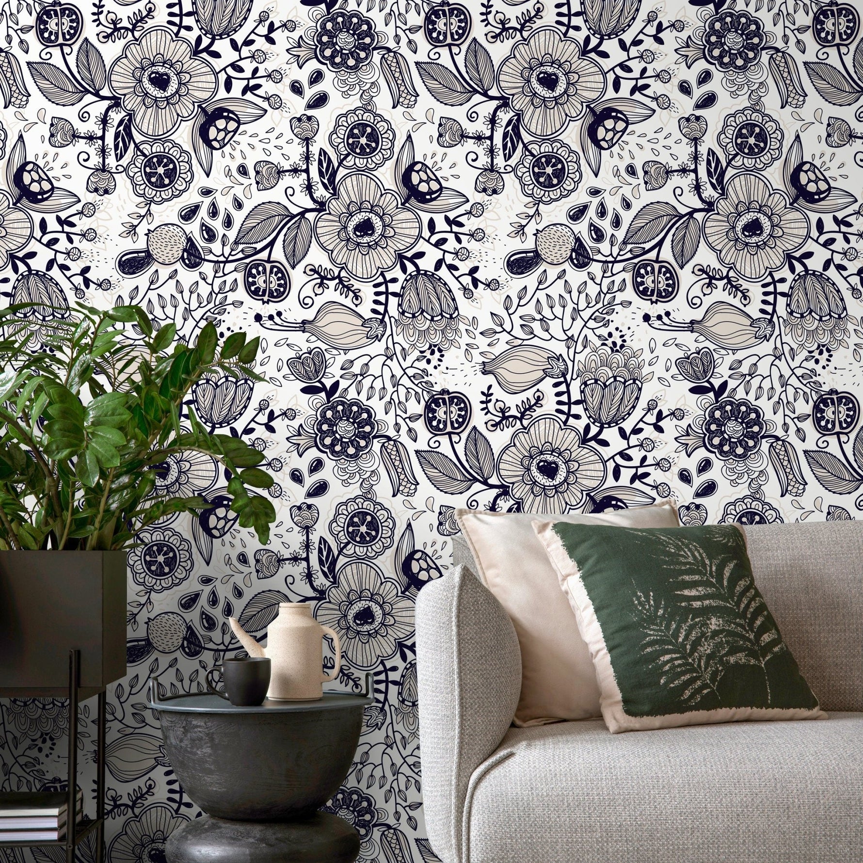 Floral Drawing Wallpaper Boho Wallpaper Peel and Stick and Traditional Wallpaper - A406 - WallTrend