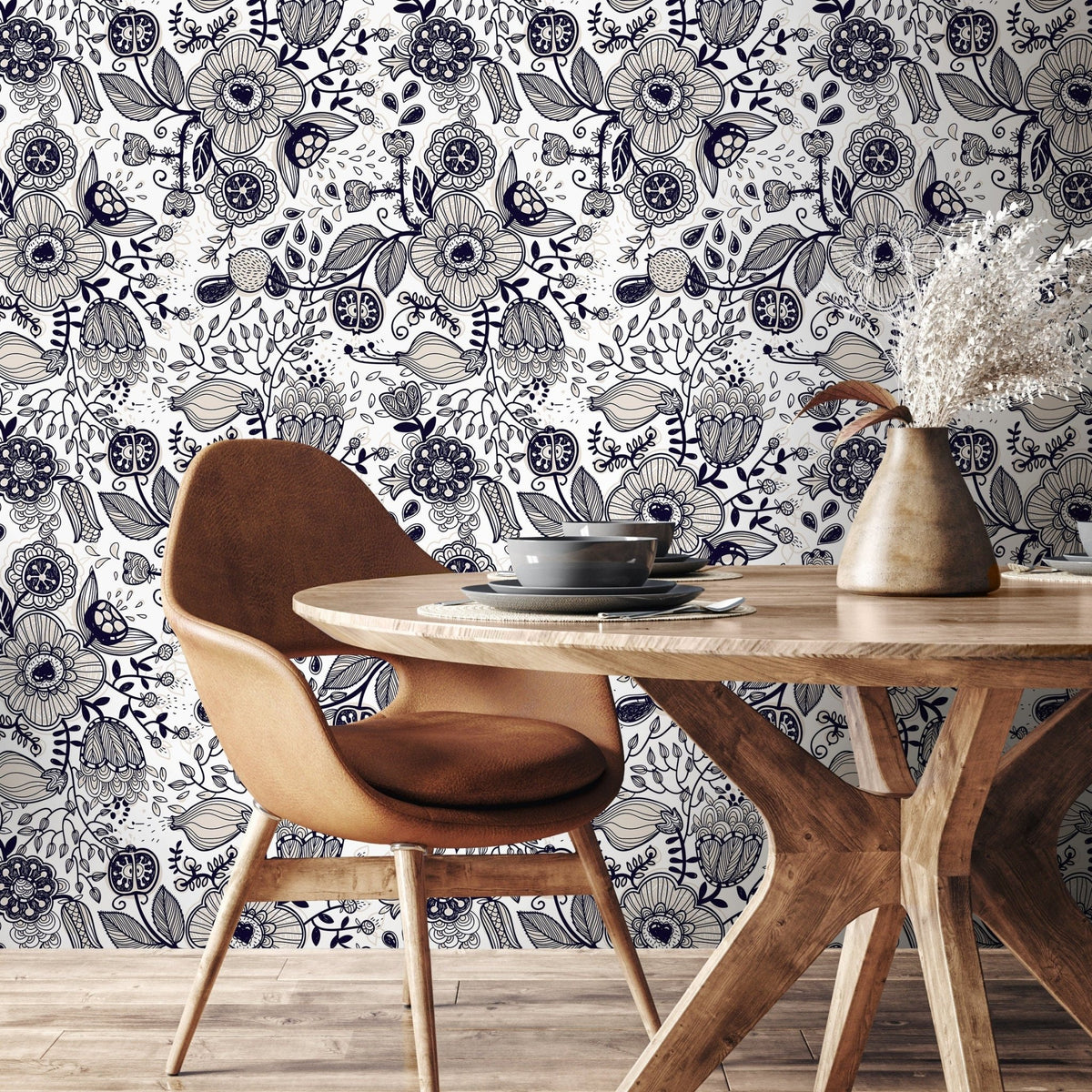 Floral Drawing Wallpaper Boho Wallpaper Peel and Stick and Traditional Wallpaper - A406 - WallTrend