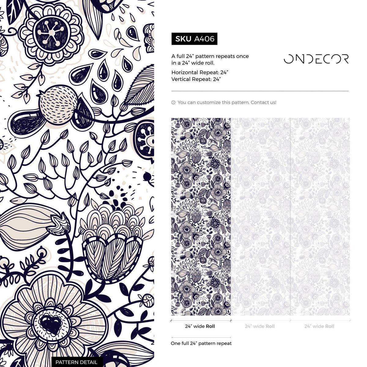 Floral Drawing Wallpaper Boho Wallpaper Peel and Stick and Traditional Wallpaper - A406 - WallTrend