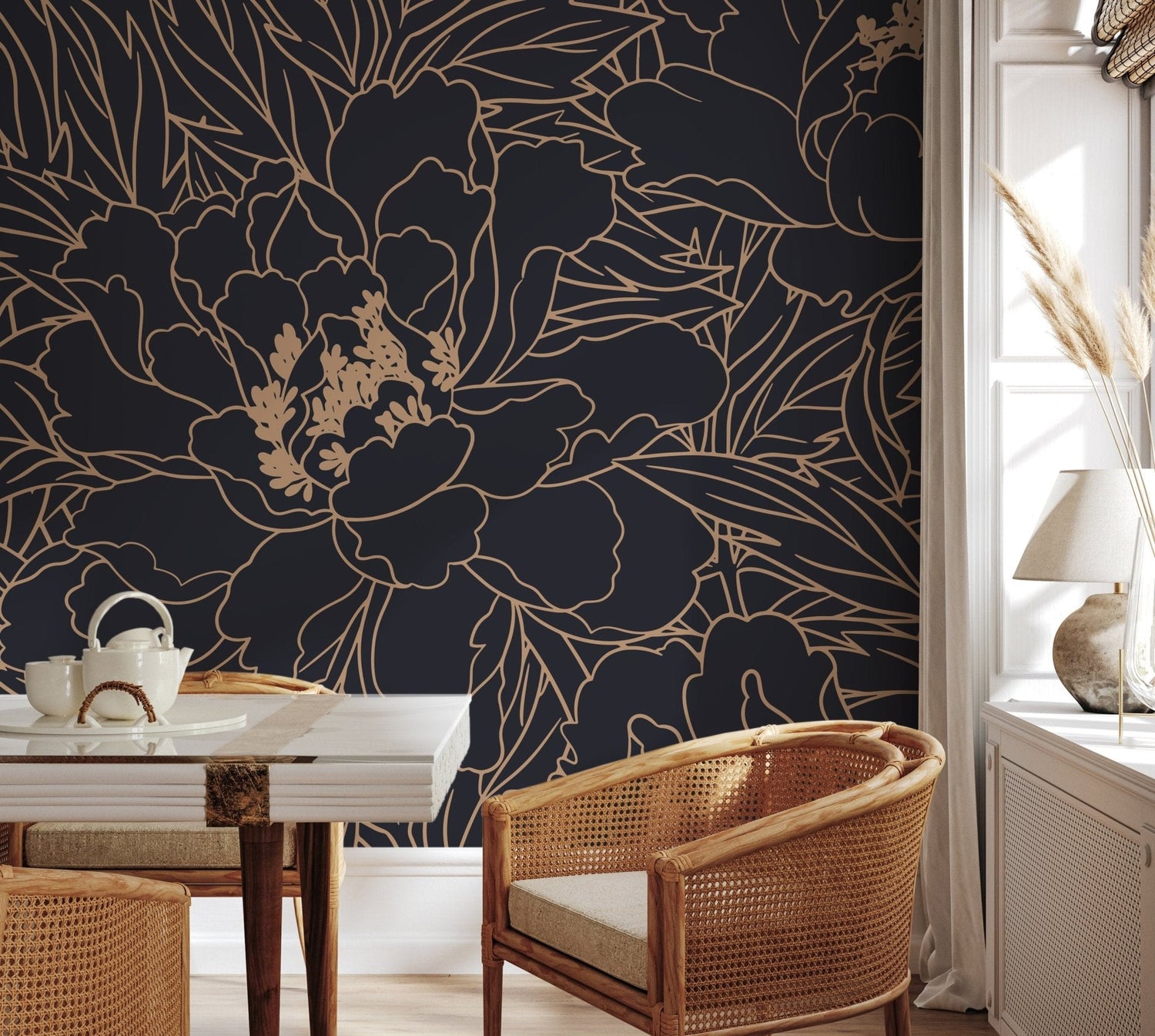 Floral Gold Line Art Wallpaper - C932 - WallTrend