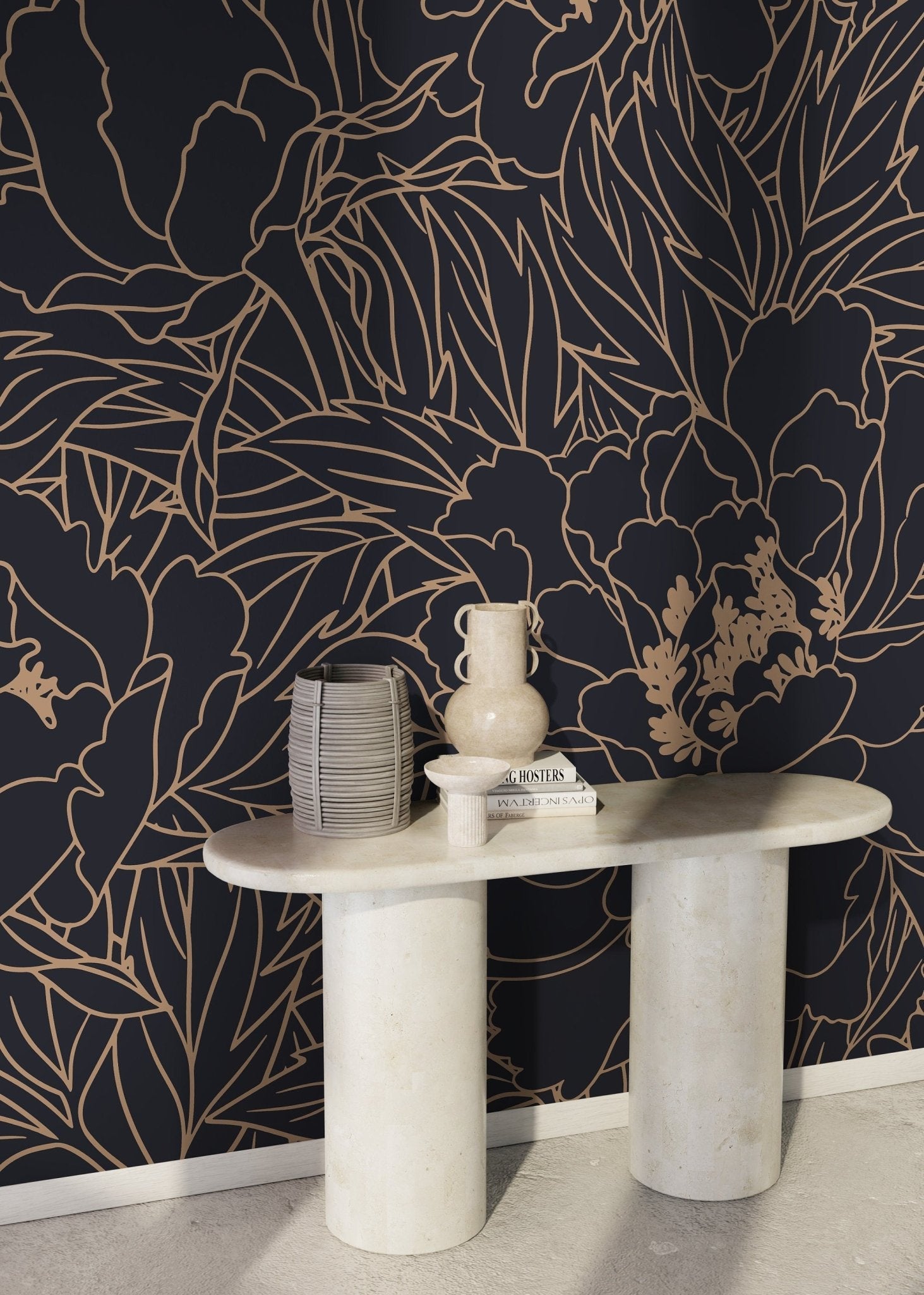 Floral Gold Line Art Wallpaper - C932 - WallTrend