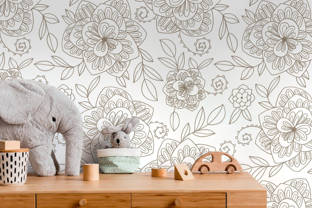 Floral Line Art Wallpaper - C962 - WallTrend