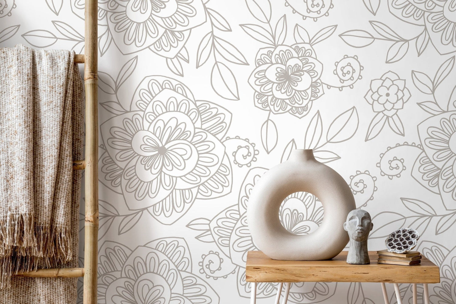 Floral Line Art Wallpaper - C963 - WallTrend