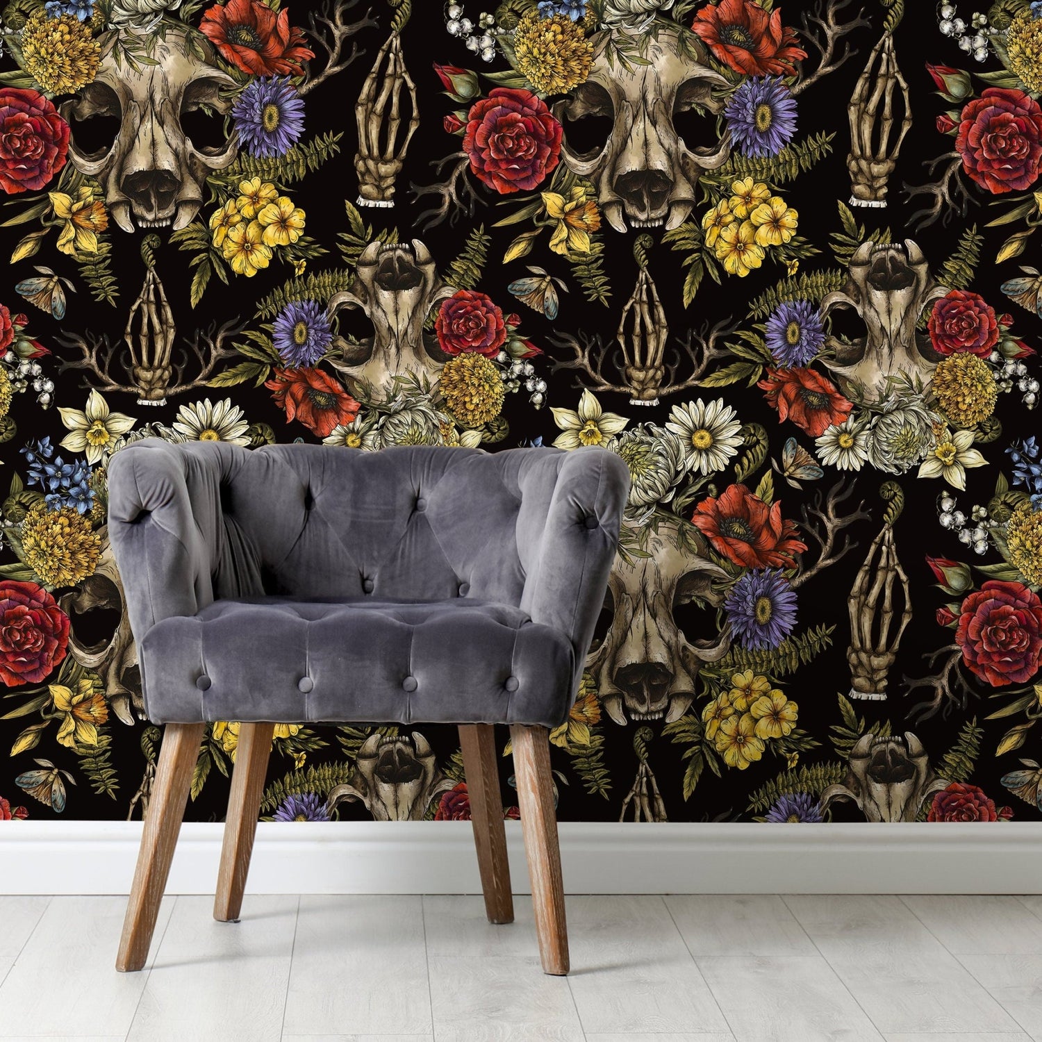 Floral Skull Gothic Wallpaper - D831 - WallTrend