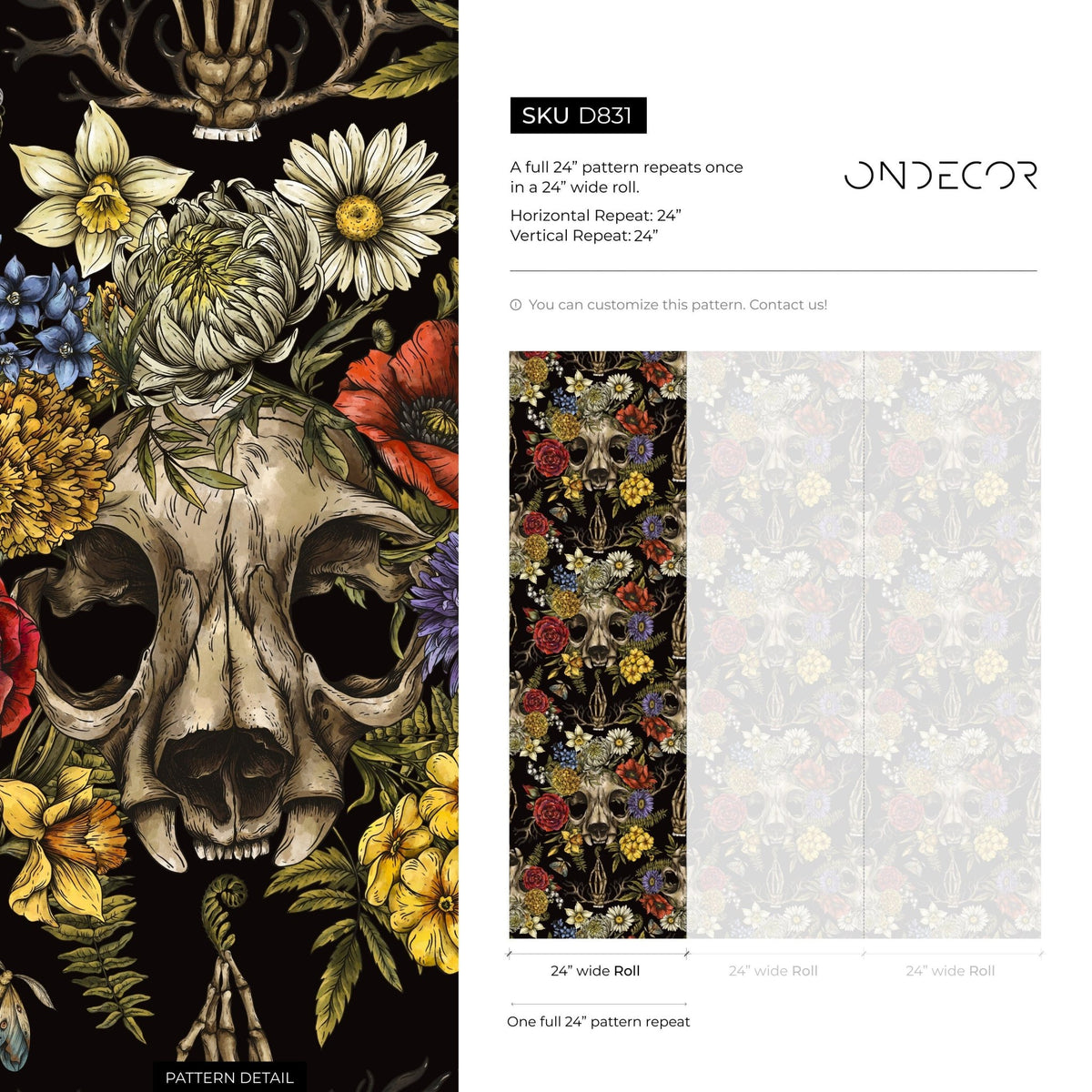 Floral Skull Gothic Wallpaper - D831 - WallTrend