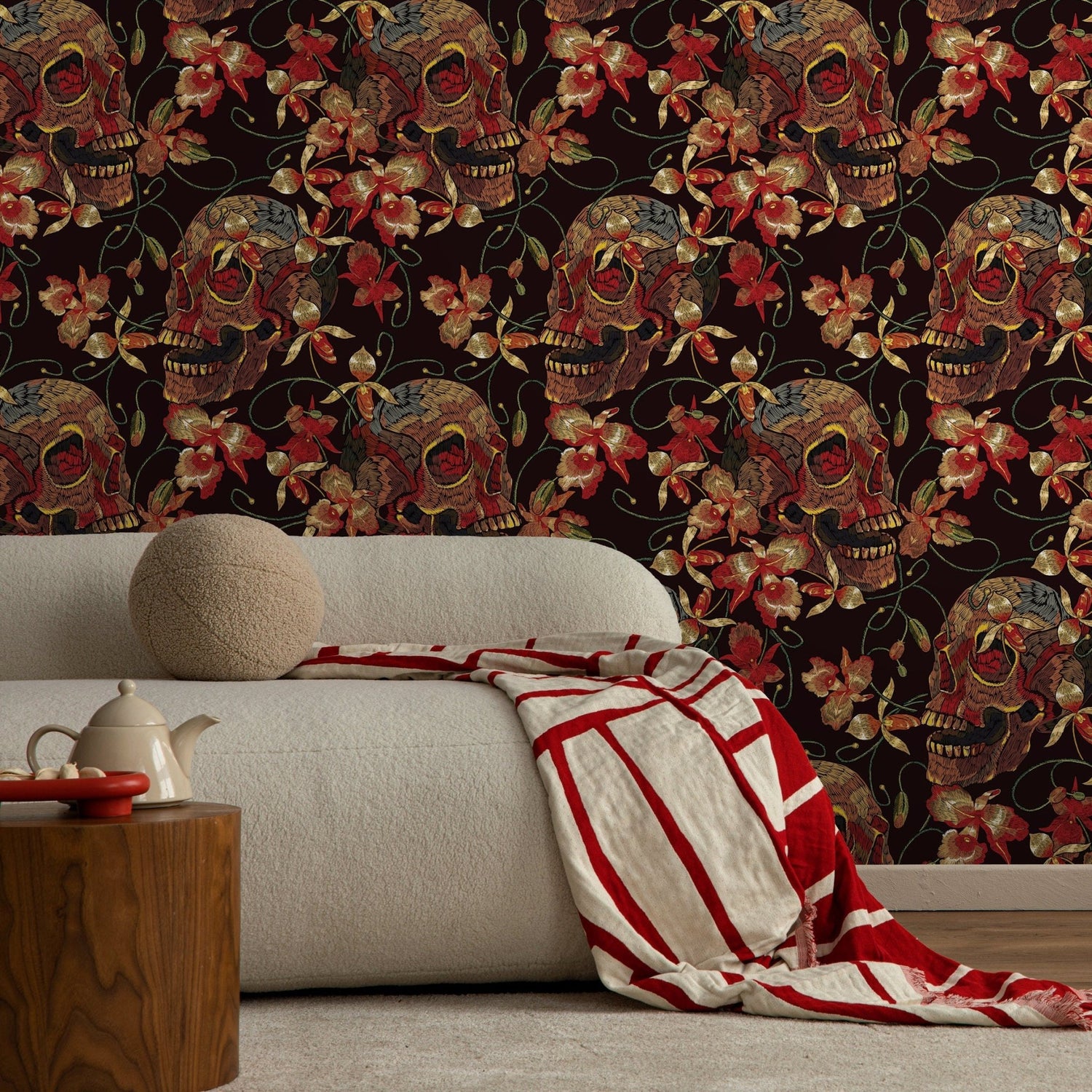 Floral Skull Wallpaper Red and Black Wallpaper Peel and Stick and Traditional Wallpaper - D896 - WallTrend