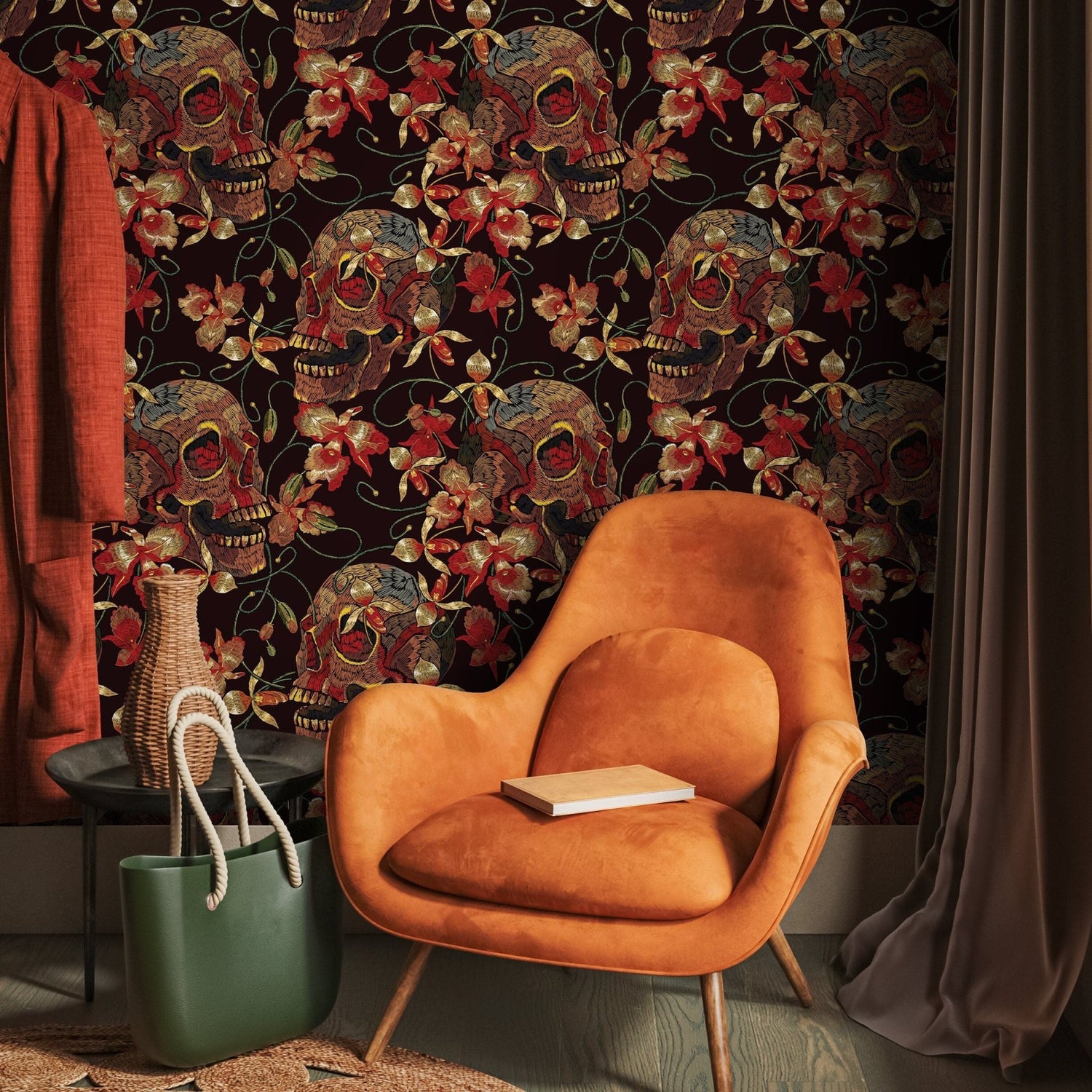 Floral Skull Wallpaper Red and Black Wallpaper Peel and Stick and Traditional Wallpaper - D896 - WallTrend