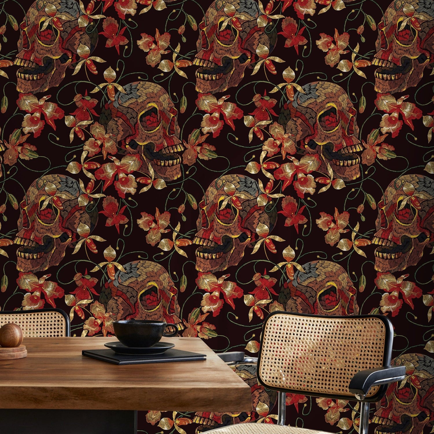 Floral Skull Wallpaper Red and Black Wallpaper Peel and Stick and Traditional Wallpaper - D896 - WallTrend