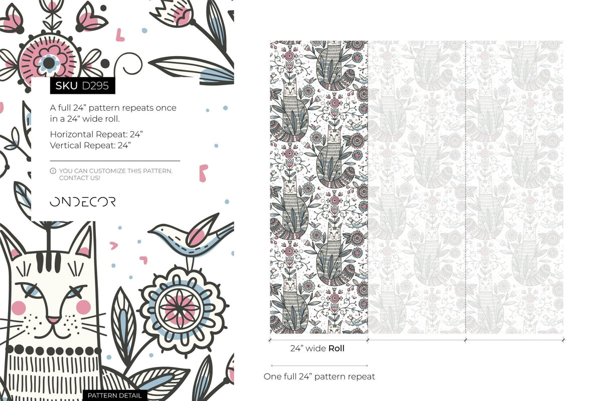 Folksy Feline Illustration Wallpaper - D295 - WallTrend