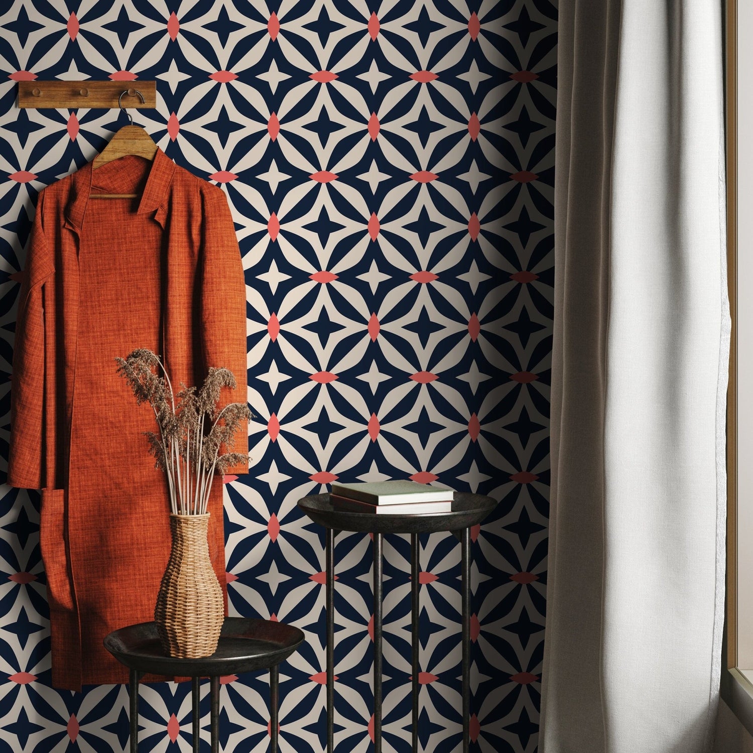 Geometric Navy and Coral Pattern Wallpaper - B440 - WallTrend