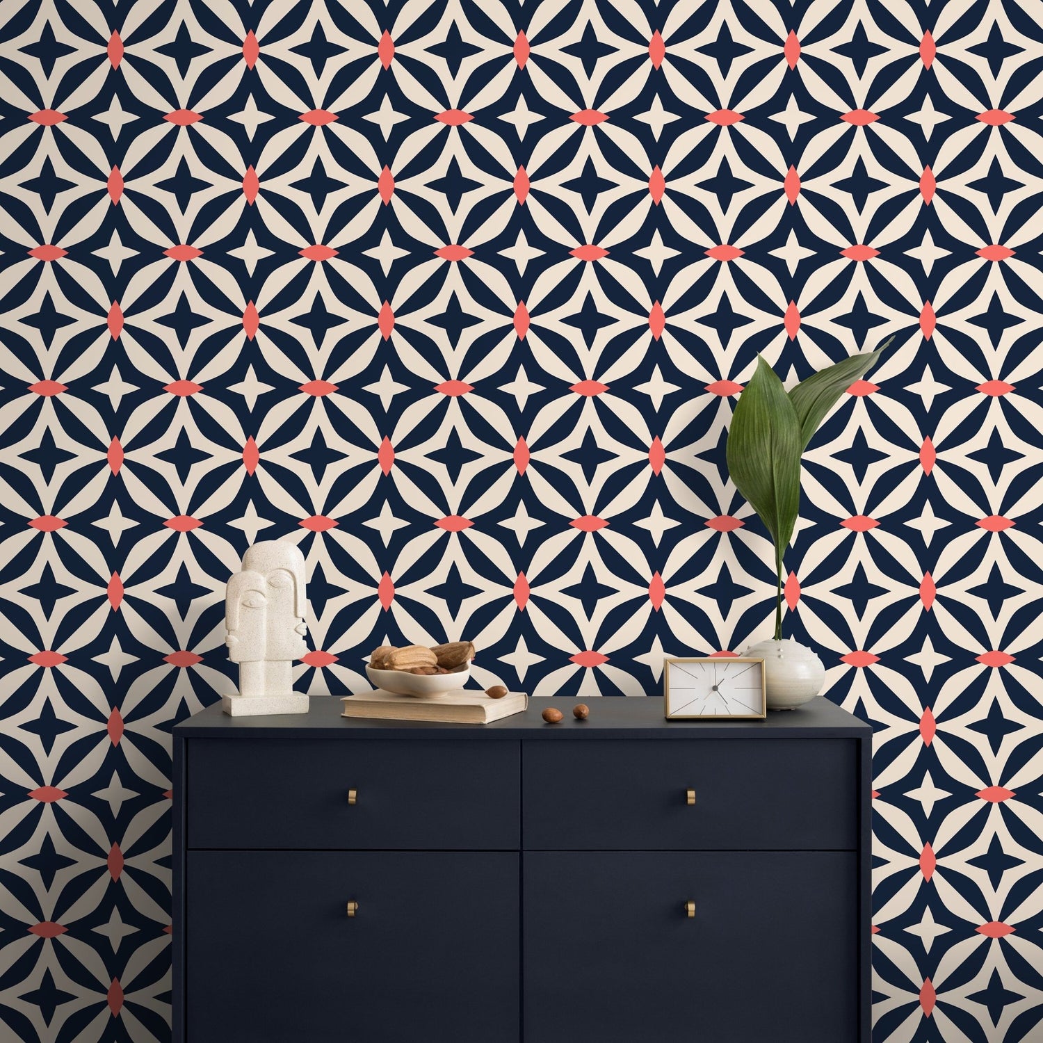 Geometric Navy and Coral Pattern Wallpaper - B440 - WallTrend