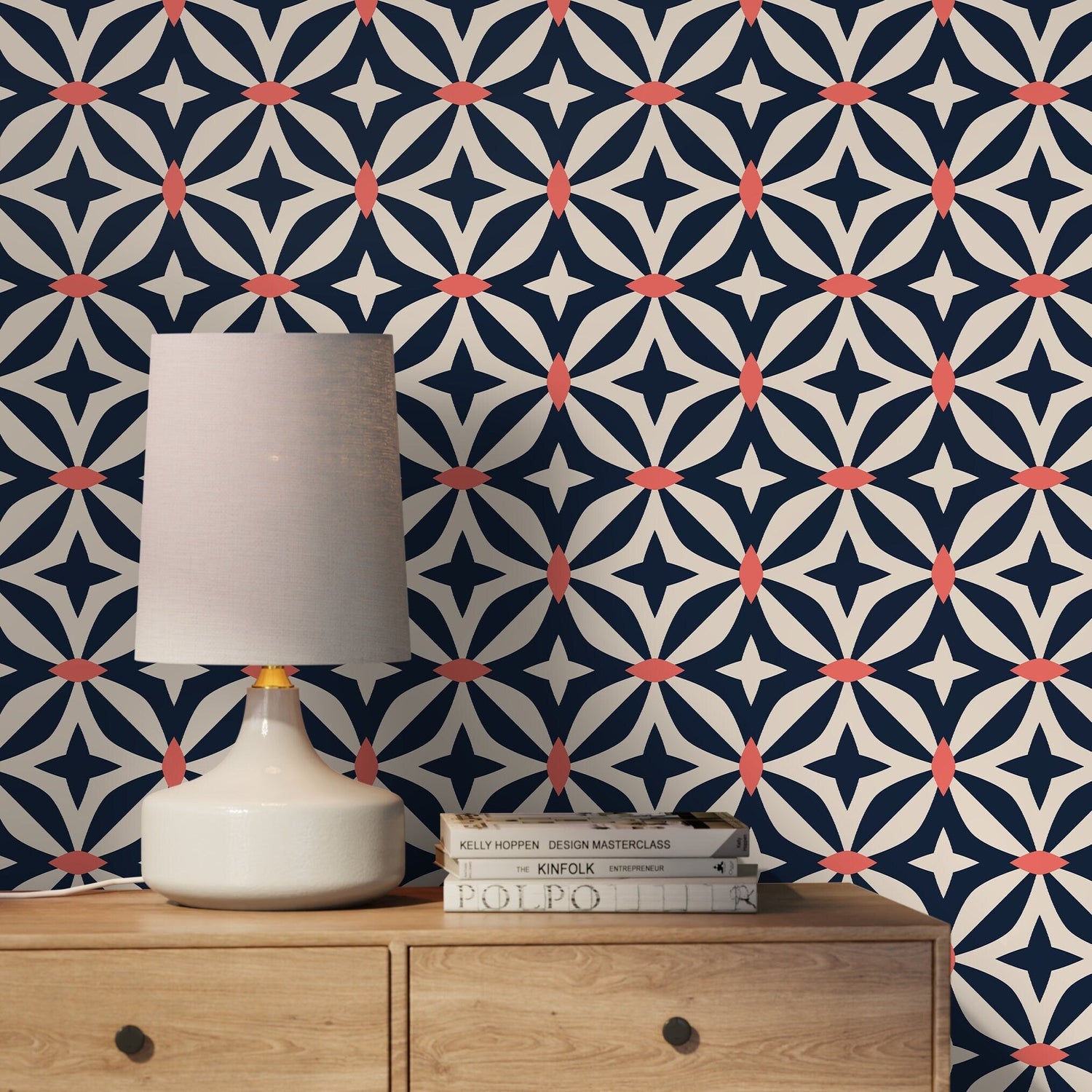 Geometric Navy and Coral Pattern Wallpaper - B440 - WallTrend