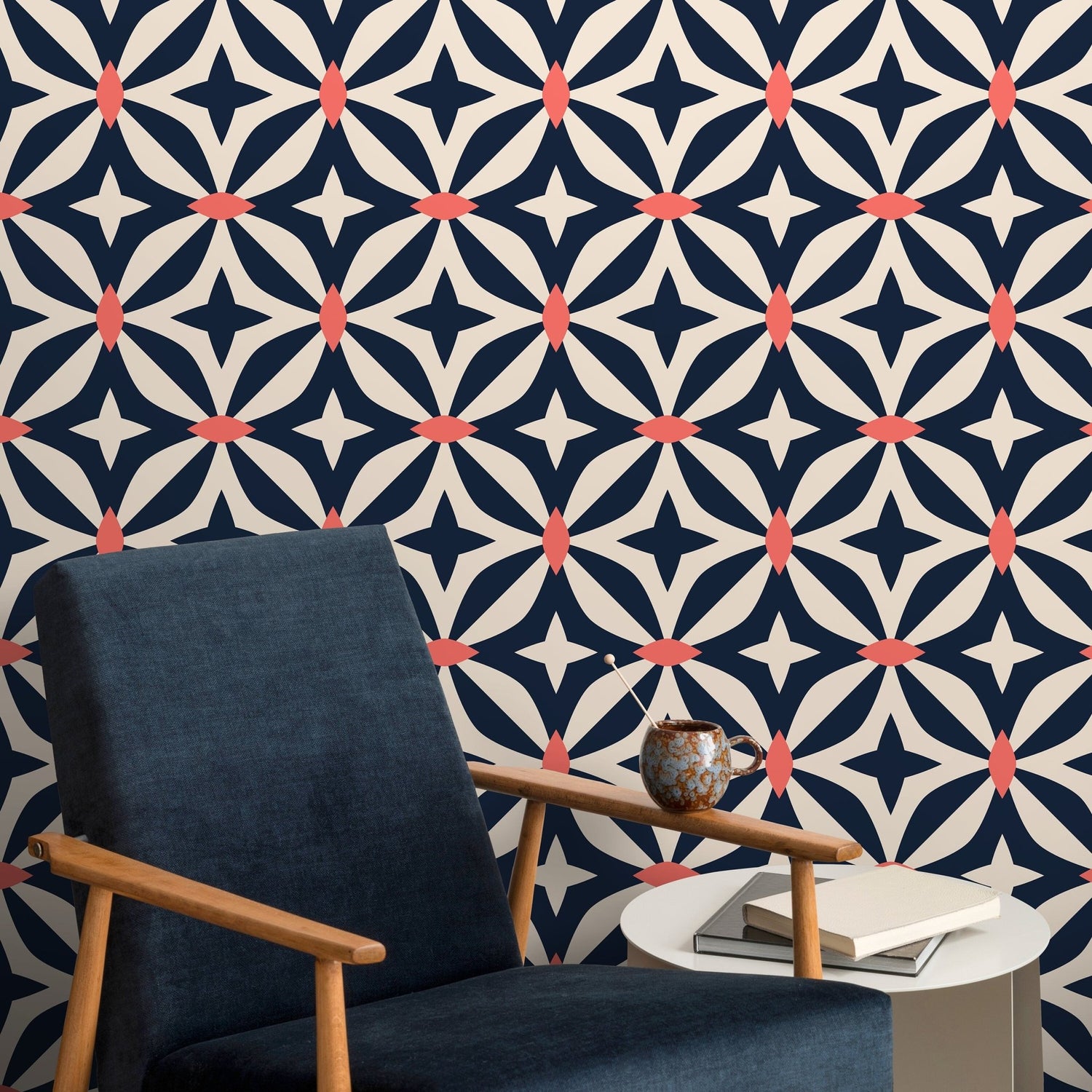 Geometric Navy and Coral Pattern Wallpaper - B440 - WallTrend