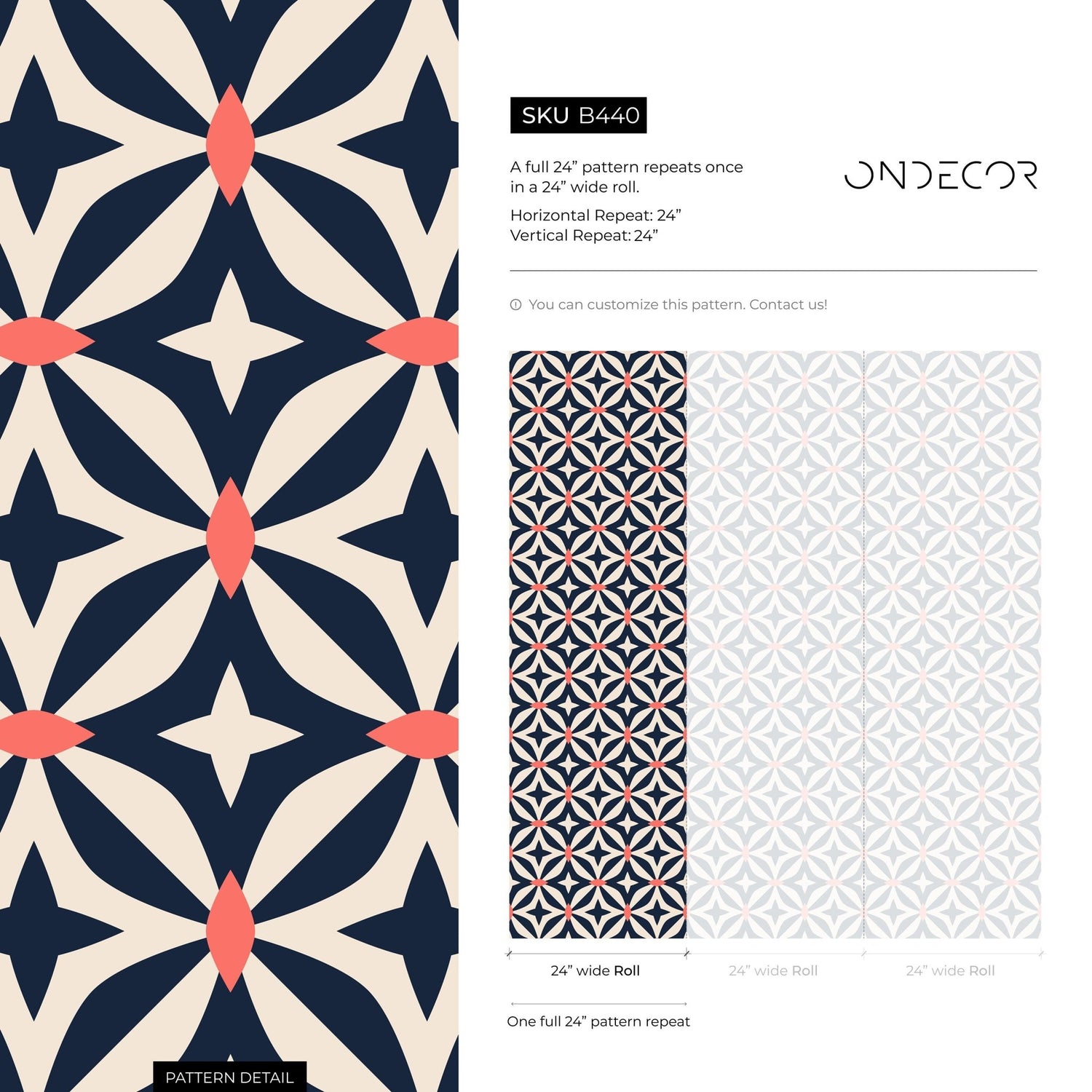 Geometric Navy and Coral Pattern Wallpaper - B440 - WallTrend