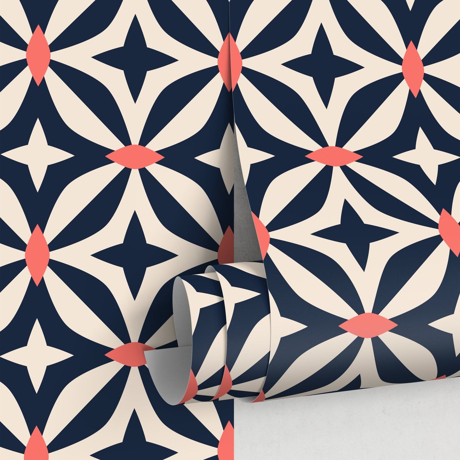 Geometric Navy and Coral Pattern Wallpaper - B440 - WallTrend