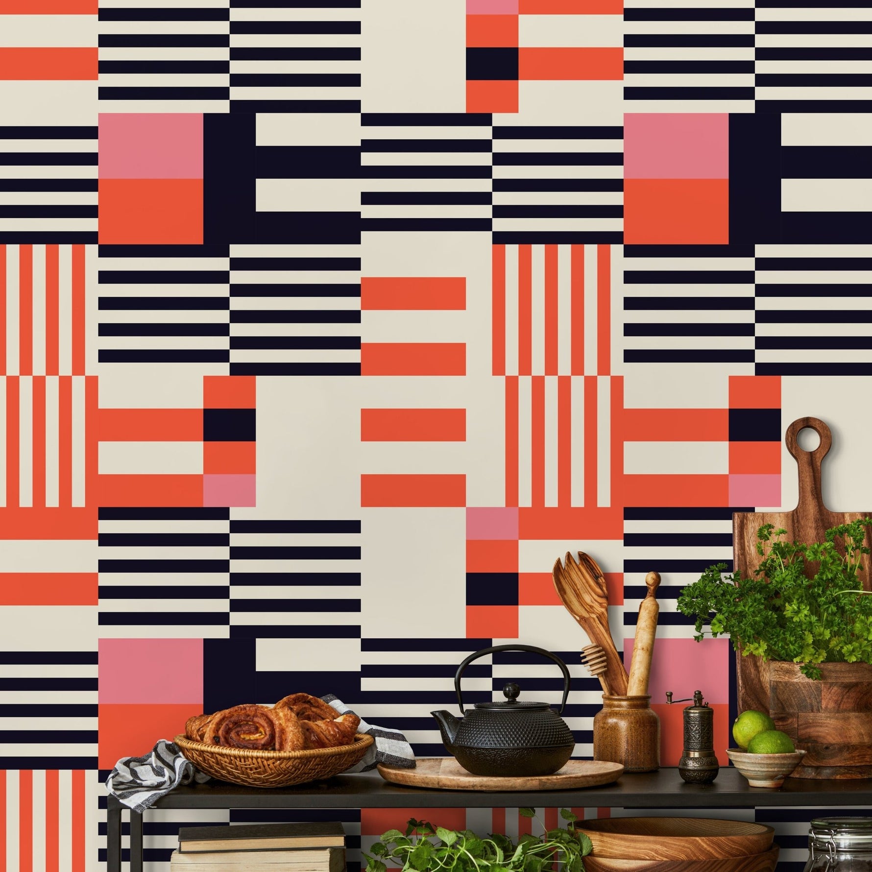Geometric Wallpaper Modern Black and Orange Wallpaper Peel and Stick and Traditional Wallpaper - D848 - WallTrend
