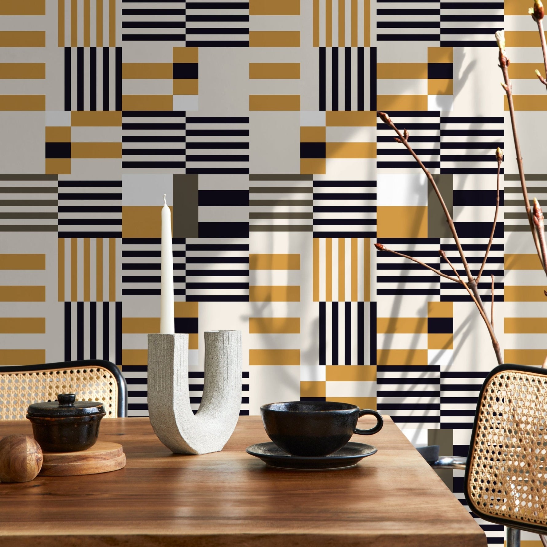 Geometric Wallpaper Modern Black and Yellow Wallpaper Peel and Stick and Traditional Wallpaper - D847 - WallTrend