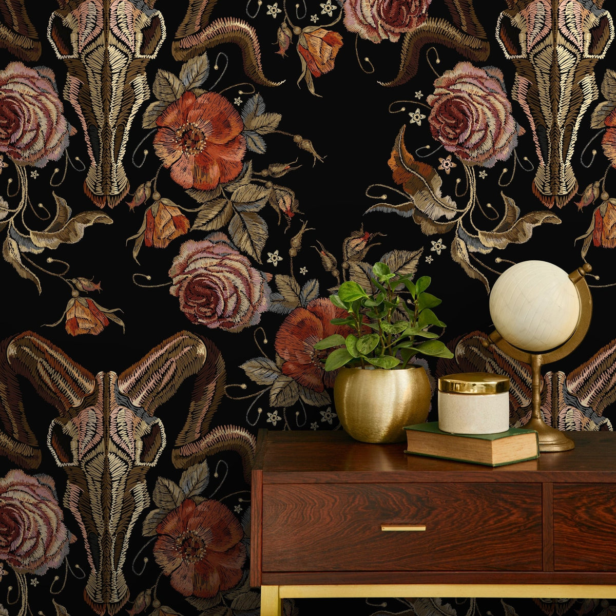 Goat Skull Wallpaper Dark Floral Wallpaper Peel and Stick and Traditional Wallpaper - D886 - WallTrend