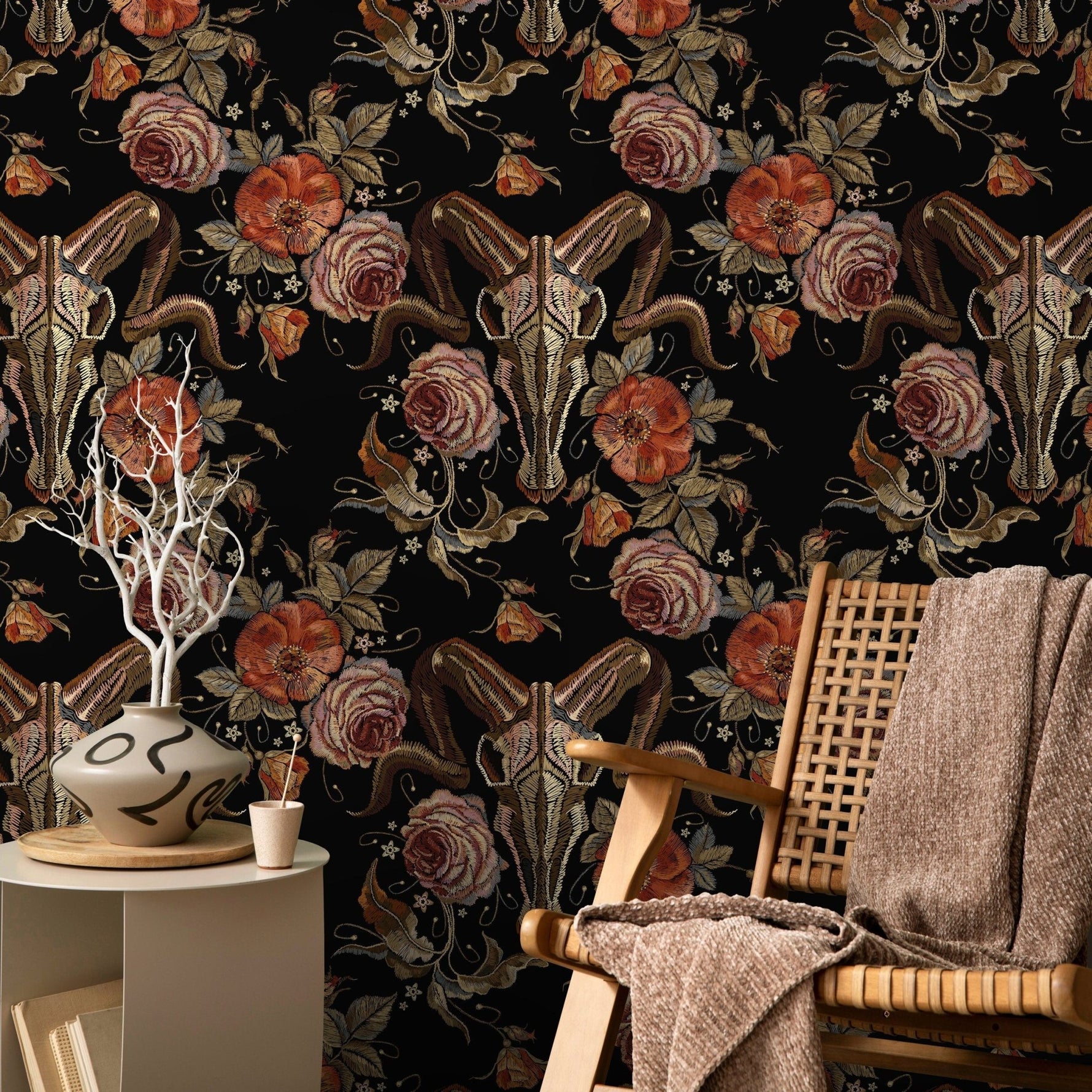 Goat Skull Wallpaper Dark Floral Wallpaper Peel and Stick and Traditional Wallpaper - D886 - WallTrend