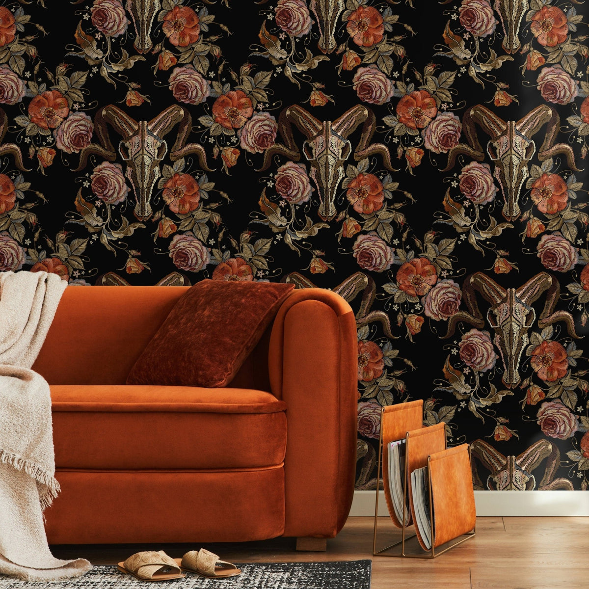 Goat Skull Wallpaper Dark Floral Wallpaper Peel and Stick and Traditional Wallpaper - D886 - WallTrend