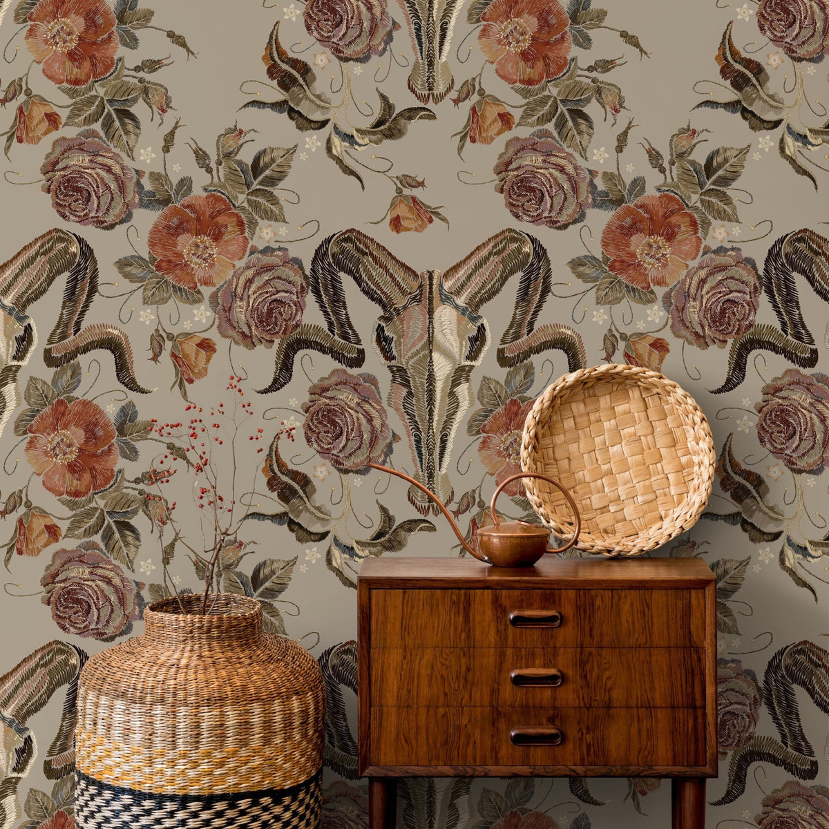Goat Skull Wallpaper Vintage Floral Wallpaper Peel and Stick and Traditional Wallpaper - D887 - WallTrend