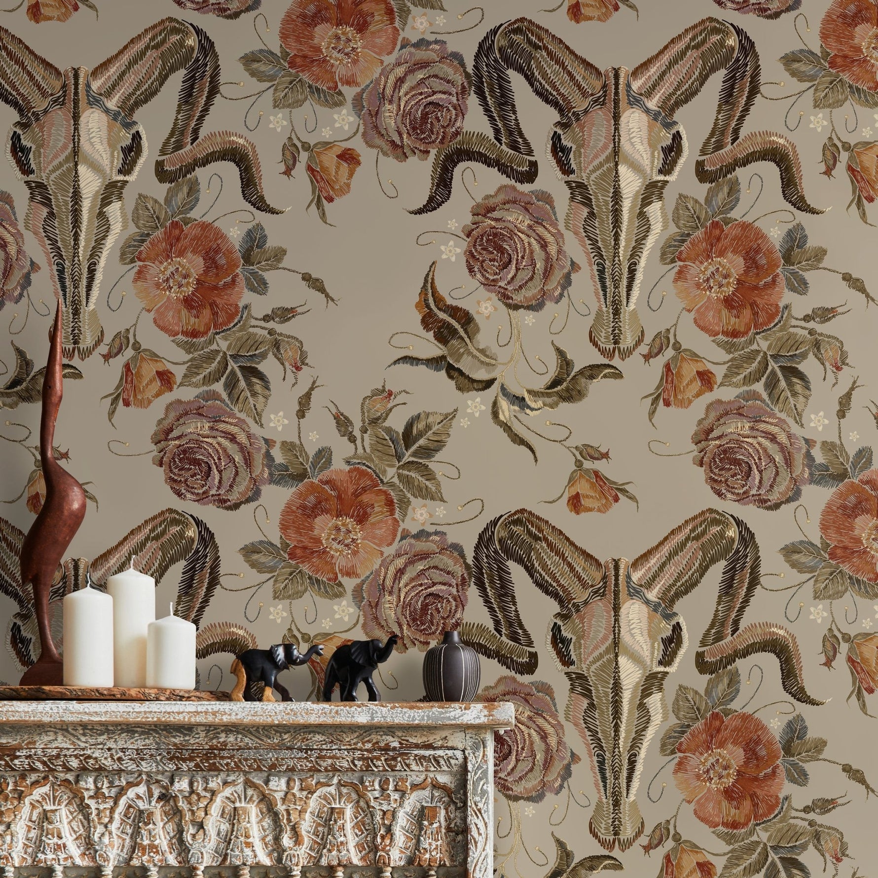 Goat Skull Wallpaper Vintage Floral Wallpaper Peel and Stick and Traditional Wallpaper - D887 - WallTrend