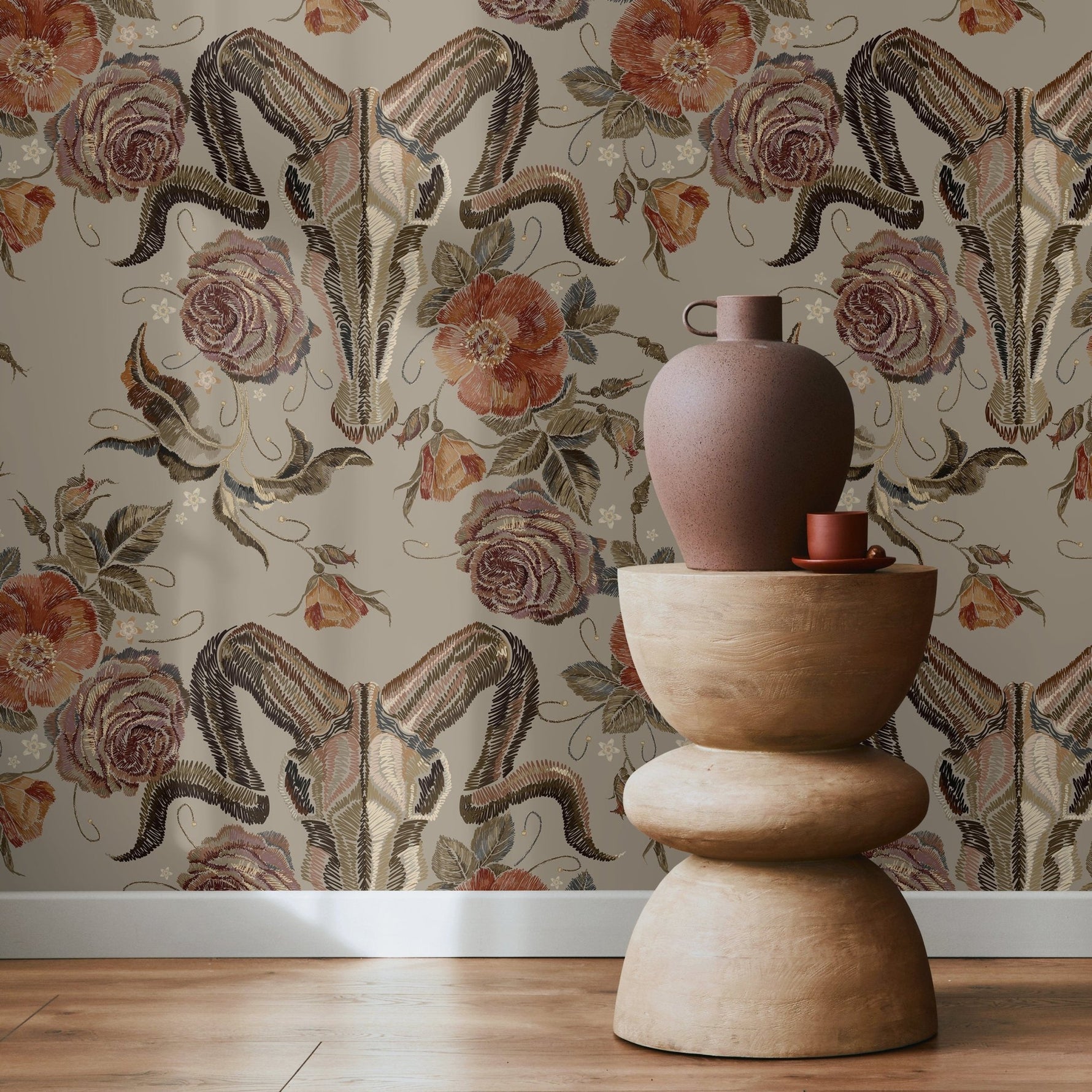 Goat Skull Wallpaper Vintage Floral Wallpaper Peel and Stick and Traditional Wallpaper - D887 - WallTrend