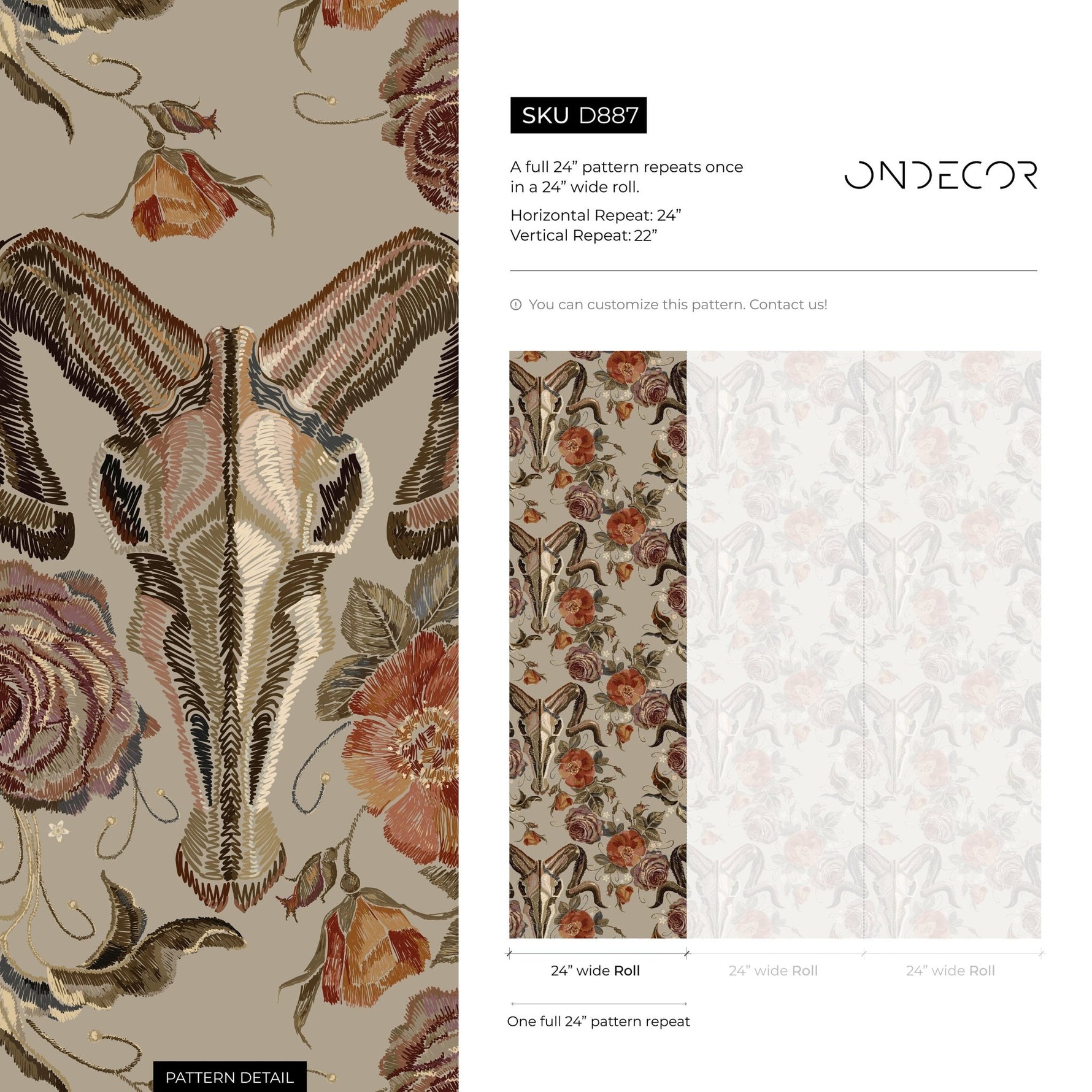 Goat Skull Wallpaper Vintage Floral Wallpaper Peel and Stick and Traditional Wallpaper - D887 - WallTrend