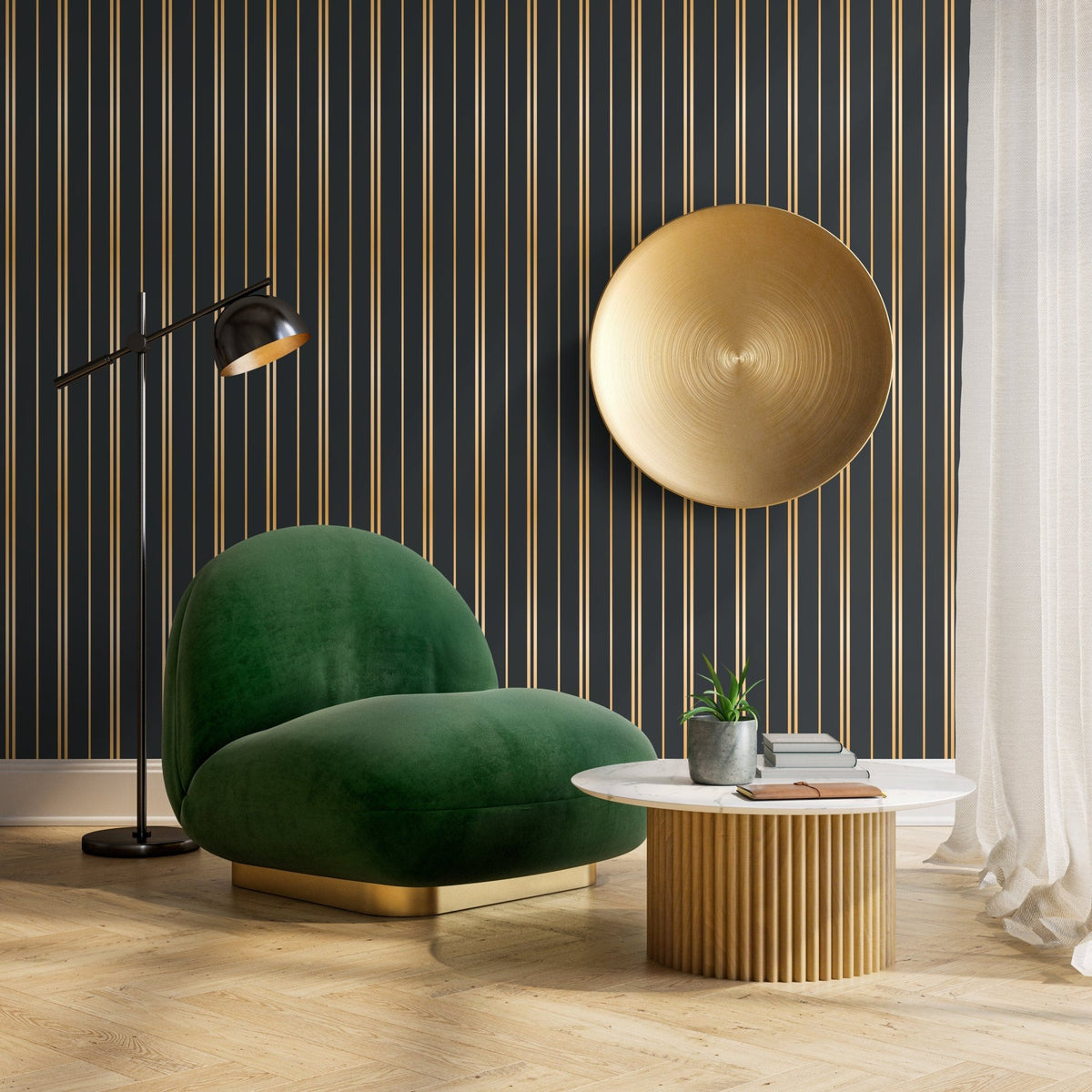 Gold and Green Striped Wallpaper Peel and Stick and Traditional Wallpaper - D771 - WallTrend